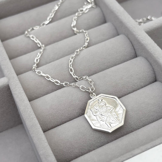 Sample sale - Solid sterling silver hexagon Saint Christopher pendant on a diamond cut trace chain