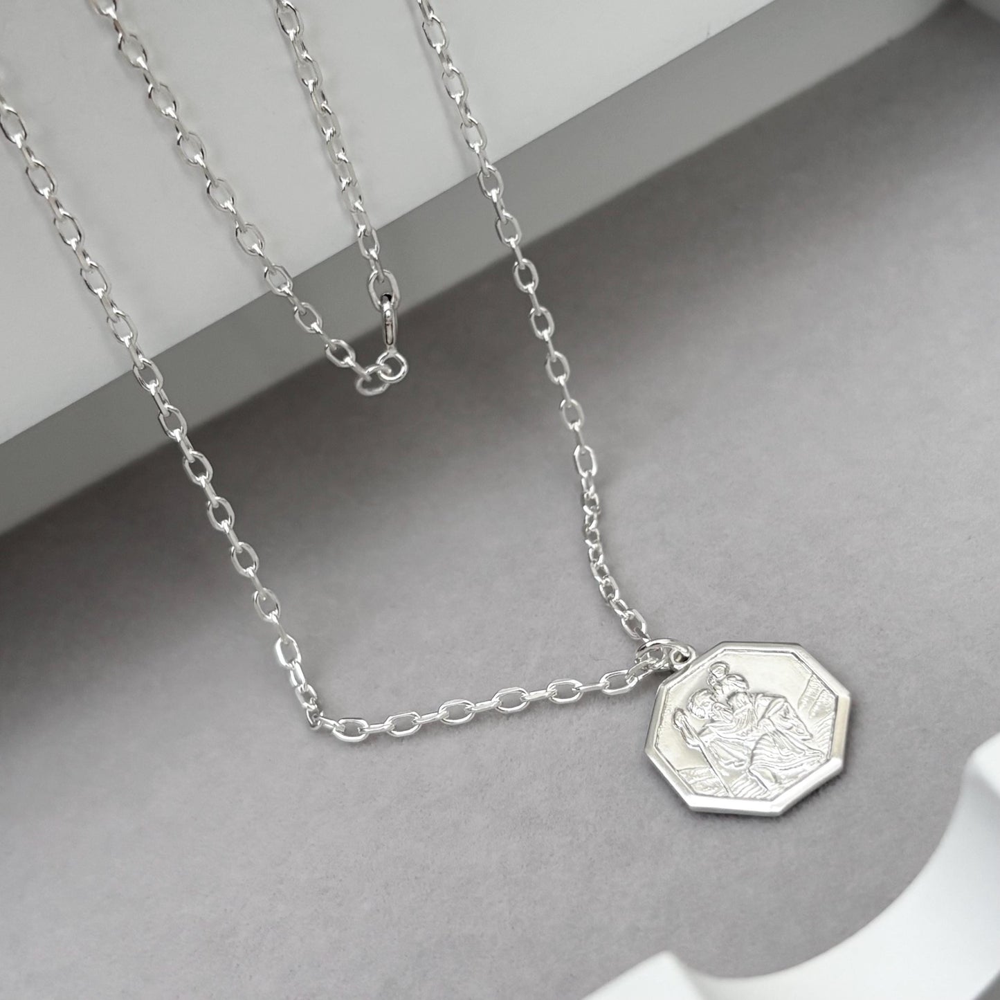 Sample sale - Solid sterling silver hexagon Saint Christopher pendant on a diamond cut trace chain
