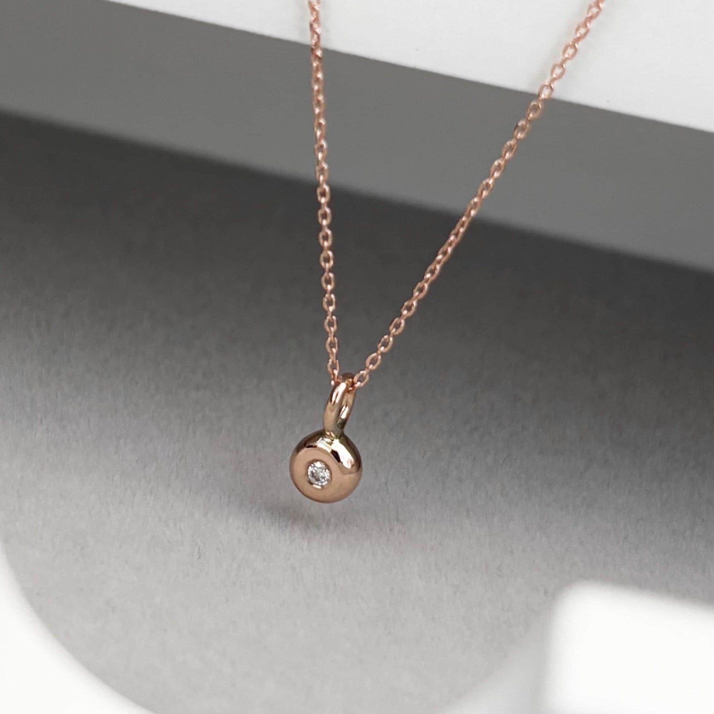 New listing - Handmade solid 9ct rose gold teeny tiny diamond nugget charm pendant on a fine filed trace chain