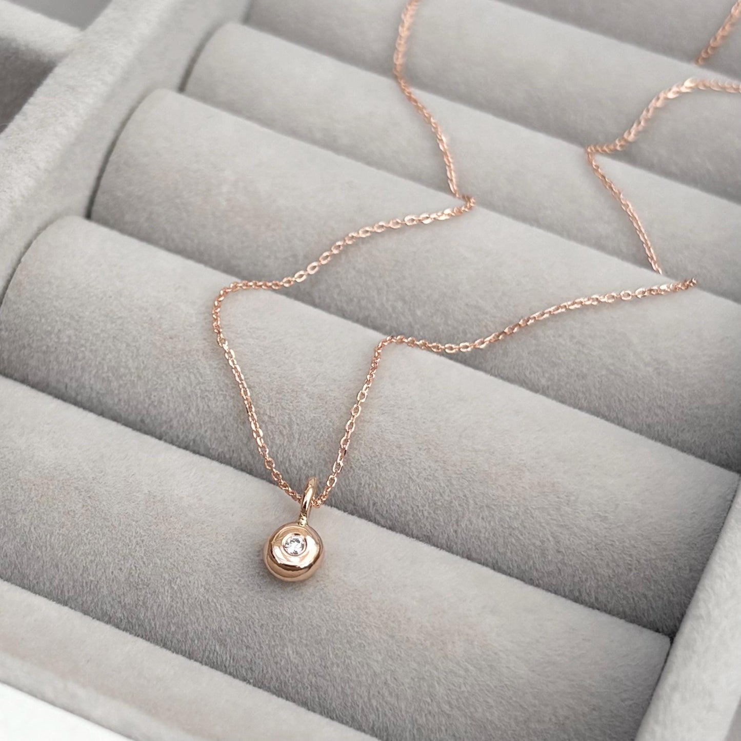 New listing - Handmade solid 9ct rose gold teeny tiny diamond nugget charm pendant on a fine filed trace chain