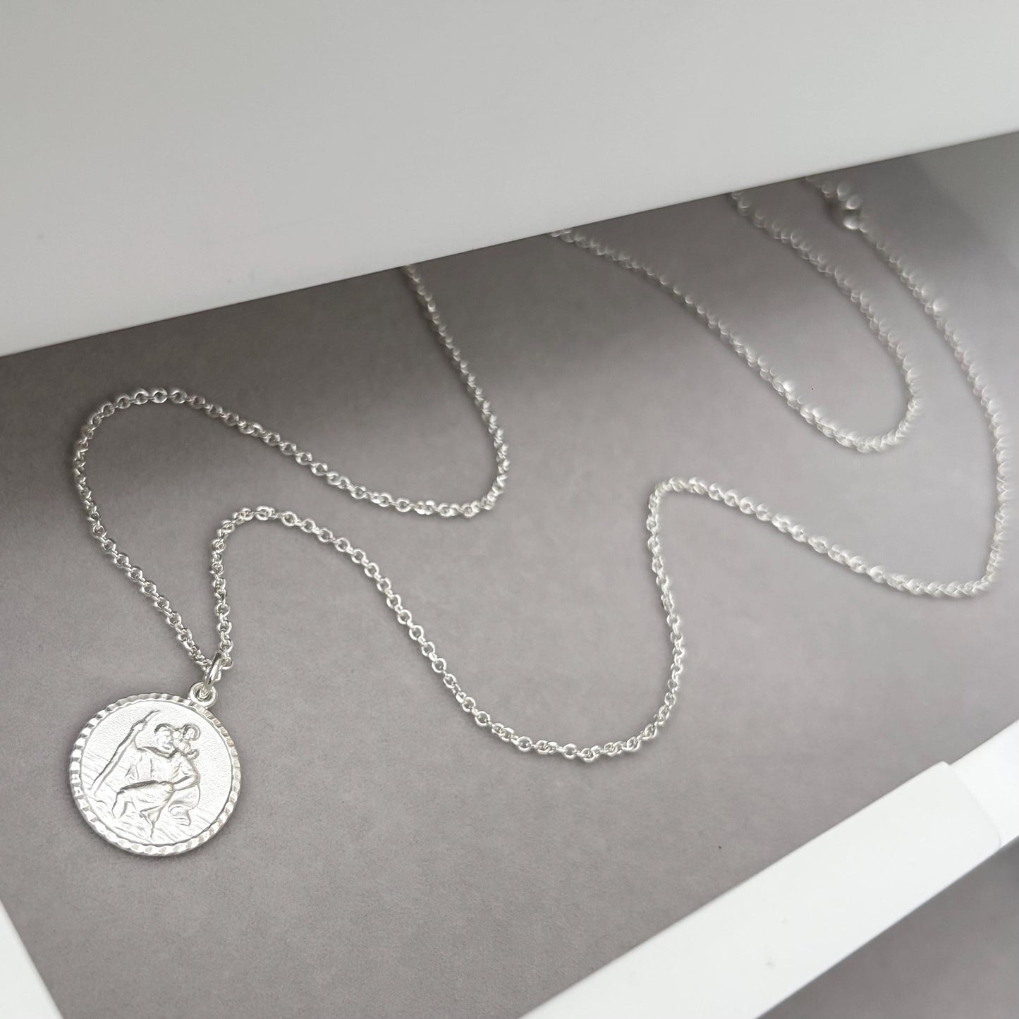 Sample sale - Solid sterling silver round Saint Christopher pendant on a diamond cut trace chain