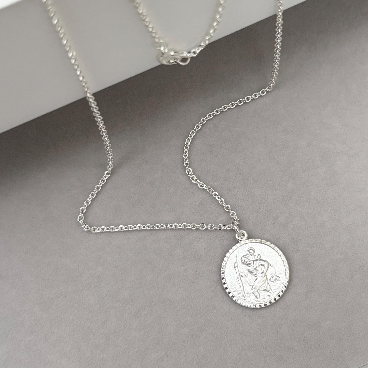 Sample sale - Solid sterling silver round Saint Christopher pendant on a diamond cut trace chain
