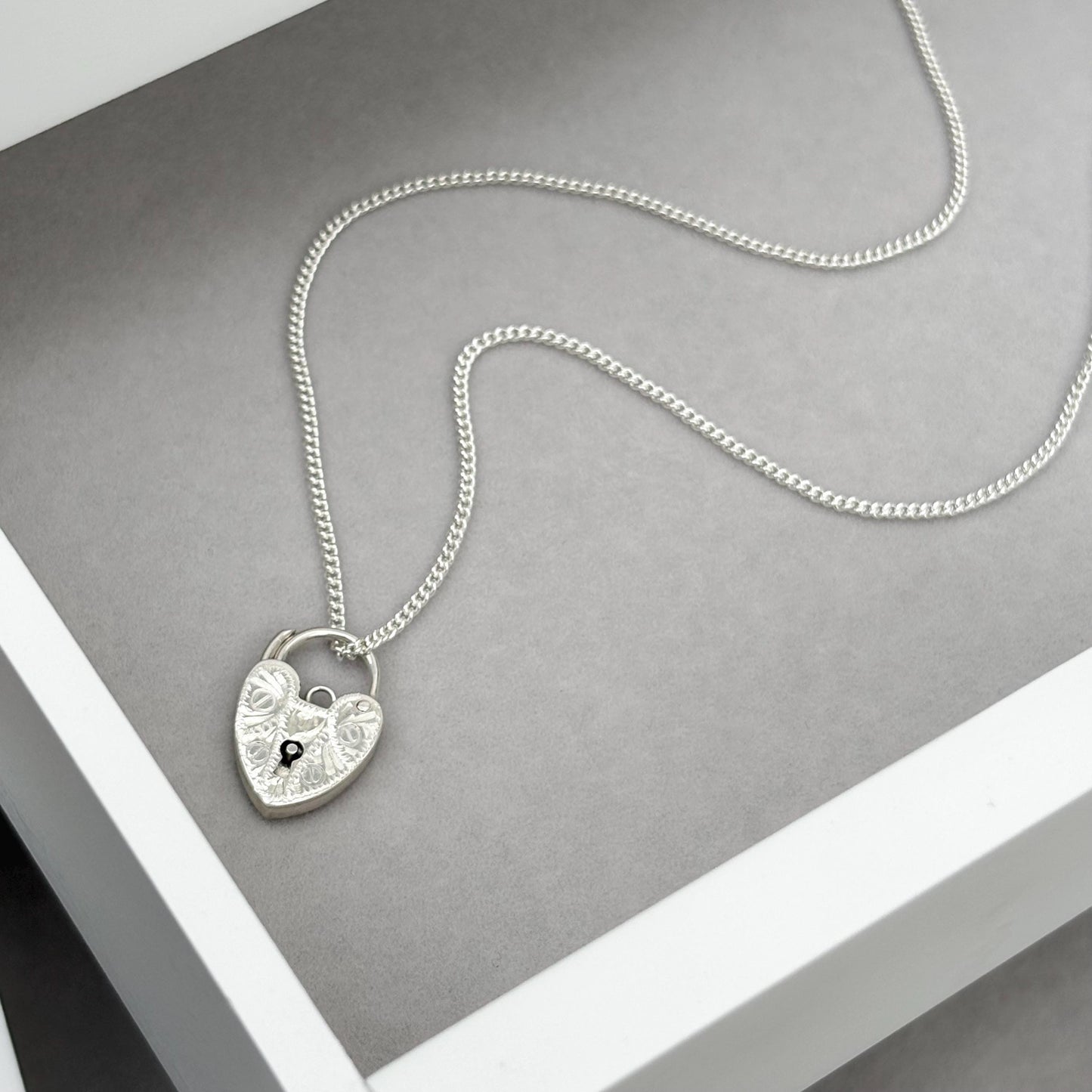 Sample sale - Sterling silver engraved heart padlock pendant on a curb chain