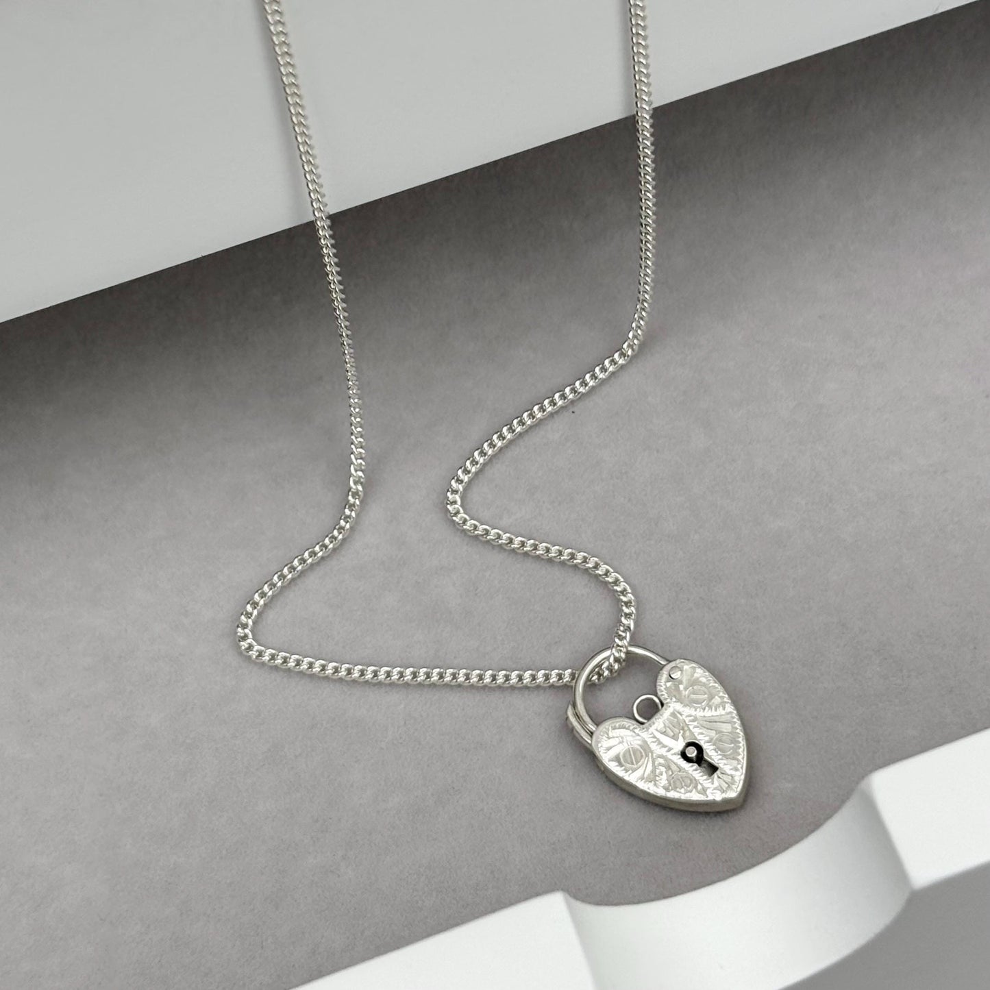Sample sale - Sterling silver engraved heart padlock pendant on a curb chain