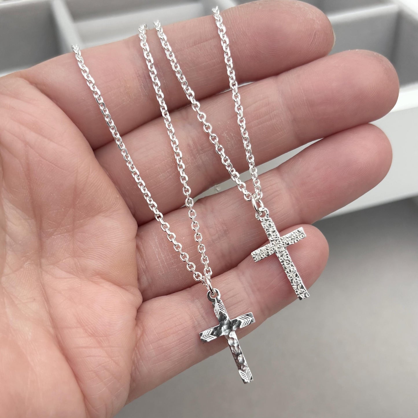 Sample sale - Polished small size solid sterling silver patterned cross pendants on tight filed trace chain