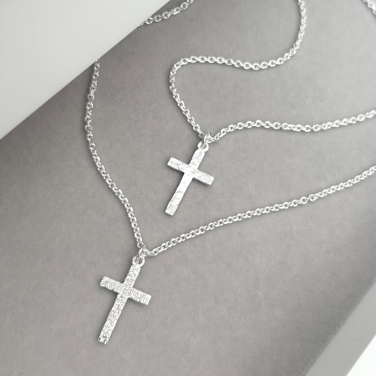 Sample sale - Polished small size solid sterling silver patterned cross pendants on tight filed trace chain