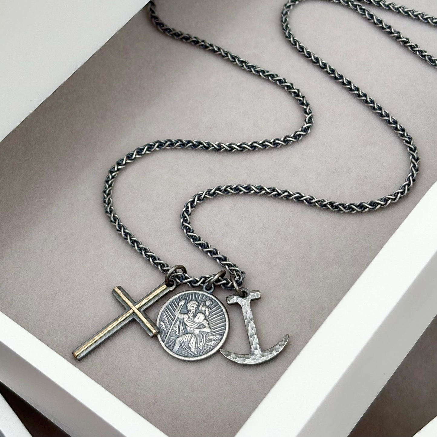 New listing - Oxidised solid sterling silver cross, saint christopher and anchor charm pendants on a spiga chain