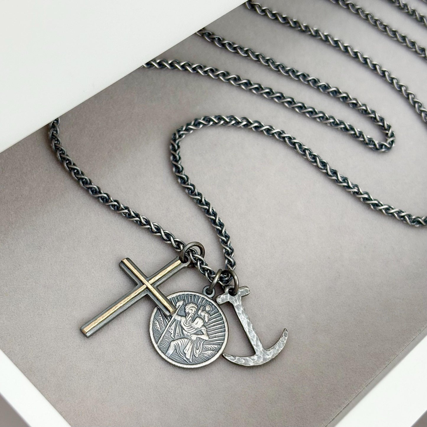 New listing - Oxidised solid sterling silver cross, saint christopher and anchor charm pendants on a spiga chain