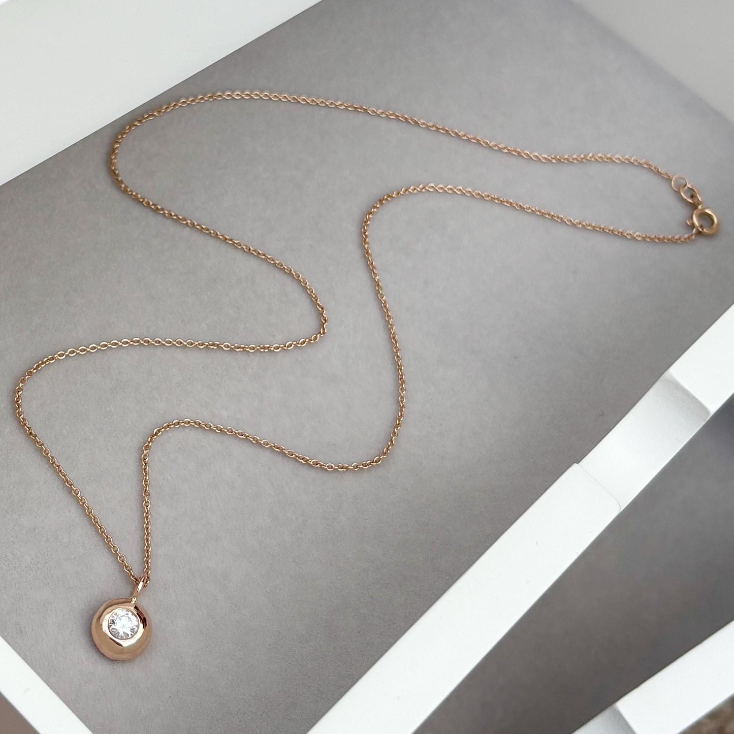 Handmade 9ct solid rose, yellow or white gold 4mm 0.25ct round lab diamond nugget pendant on a trace chain
