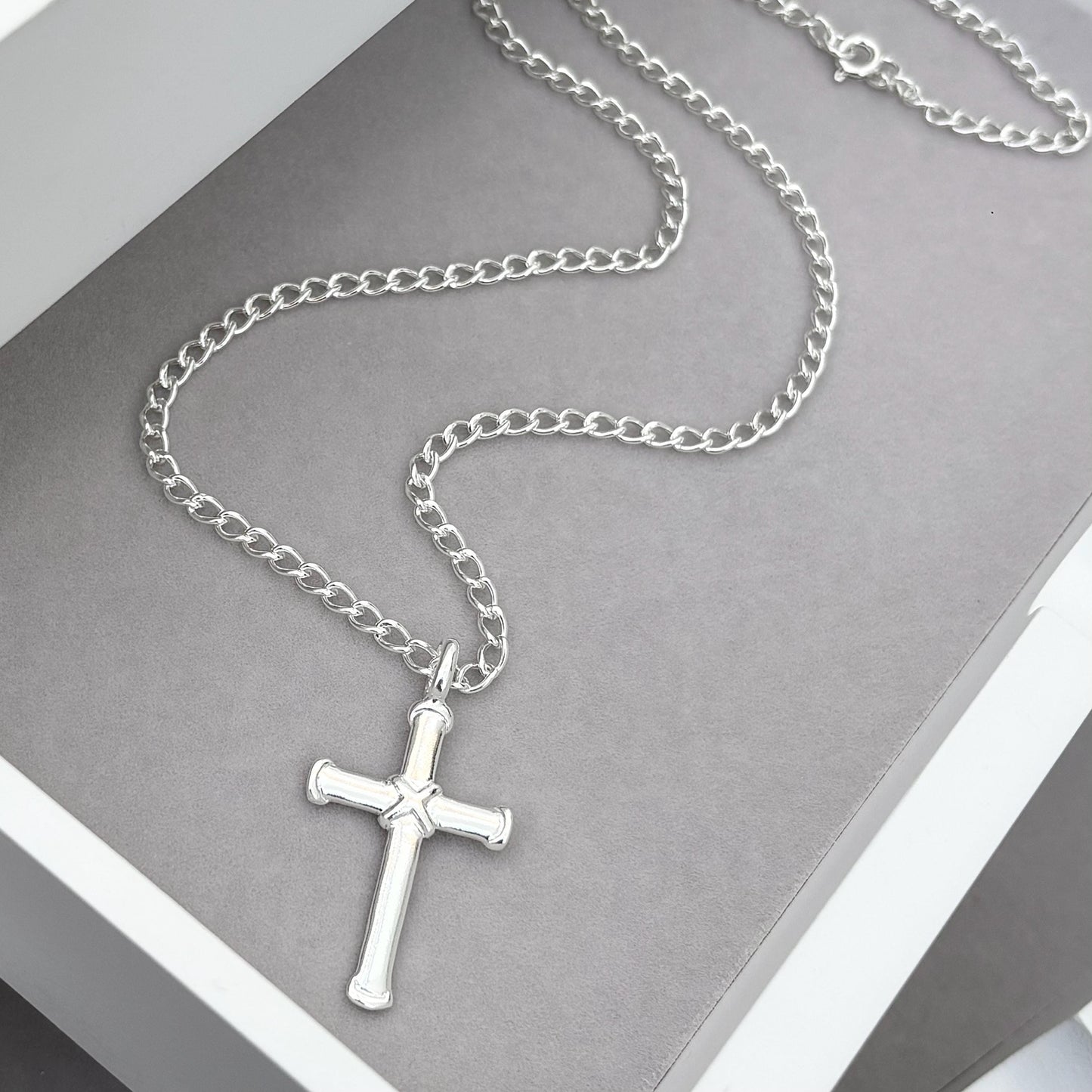 Sample sale - Solid sterling silver cross pendant on an open curb chain