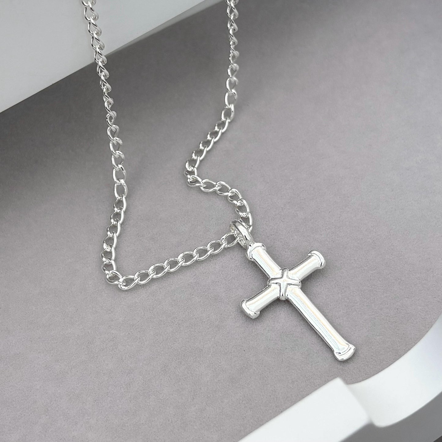 Sample sale - Solid sterling silver cross pendant on an open curb chain