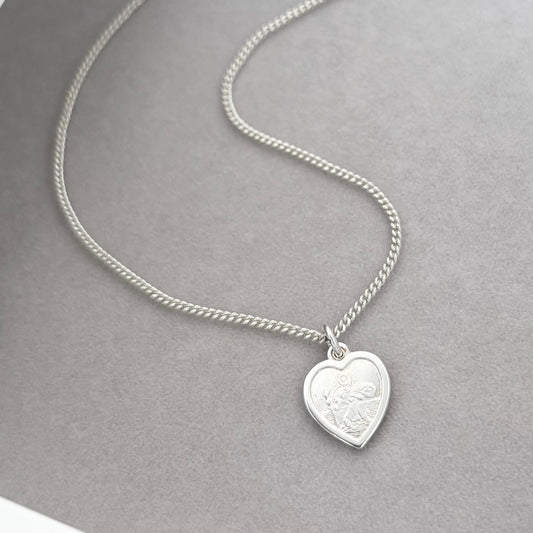 Sample sale - Solid sterling silver dainty heart Saint Christopher pendant on a curb chain