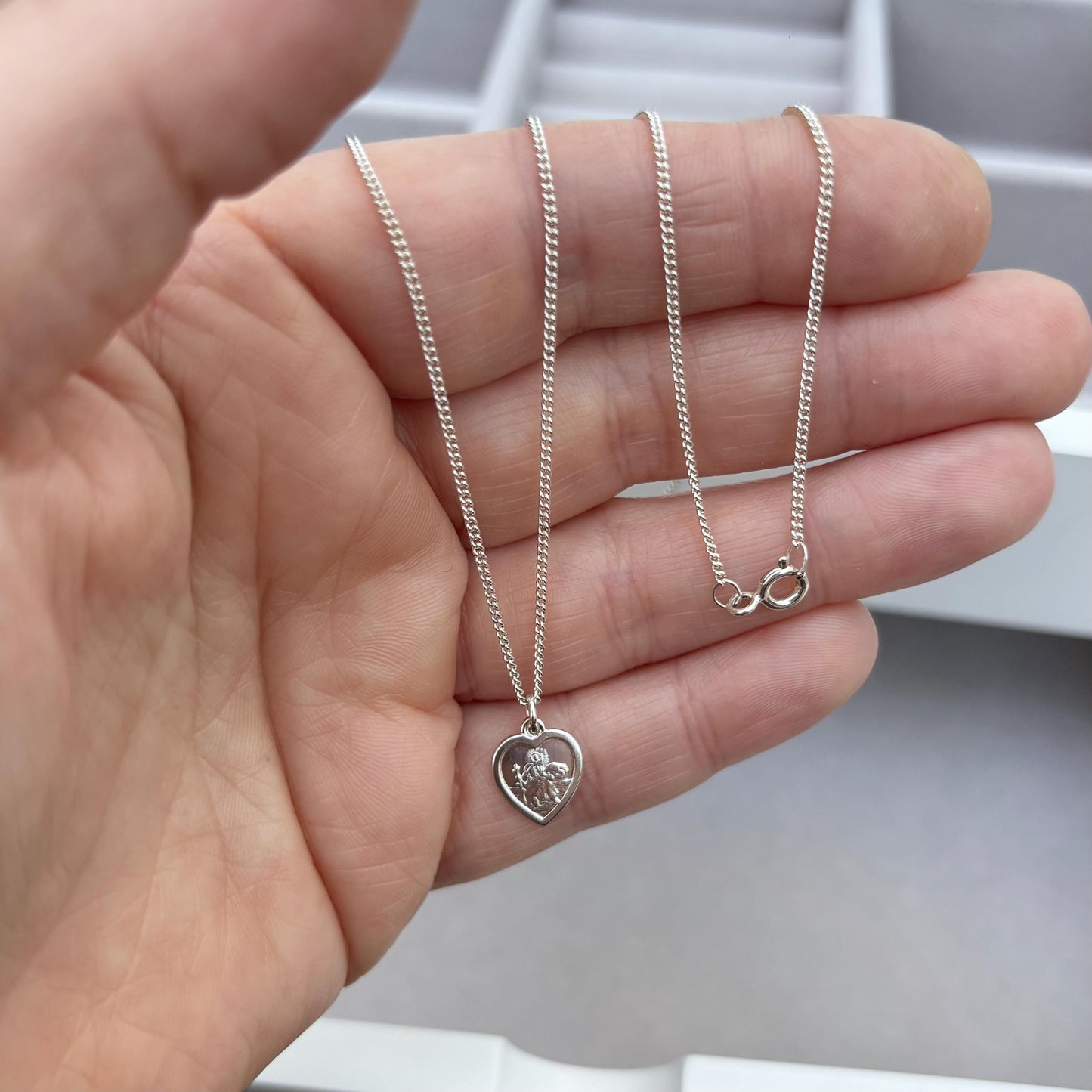 Sample sale - Solid sterling silver dainty heart Saint Christopher pendant on a curb chain