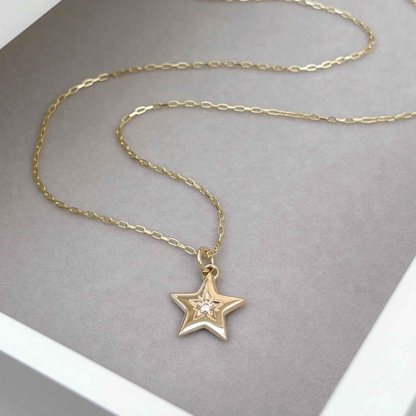 Sample sale - Handmade 9ct yellow gold natural diamond star pendant on a filed trace chain