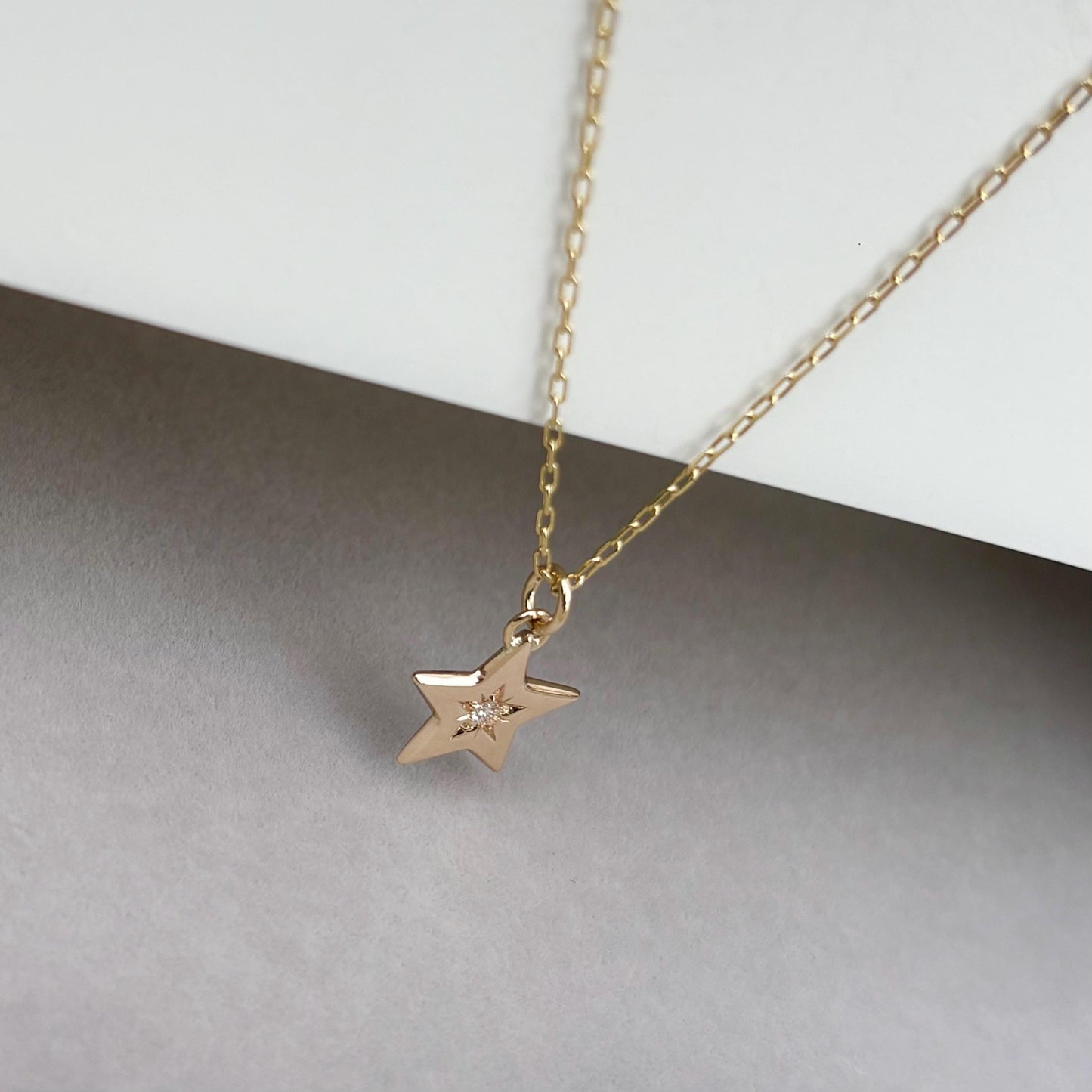 Sample sale - Handmade 9ct yellow gold natural diamond star pendant on a filed trace chain