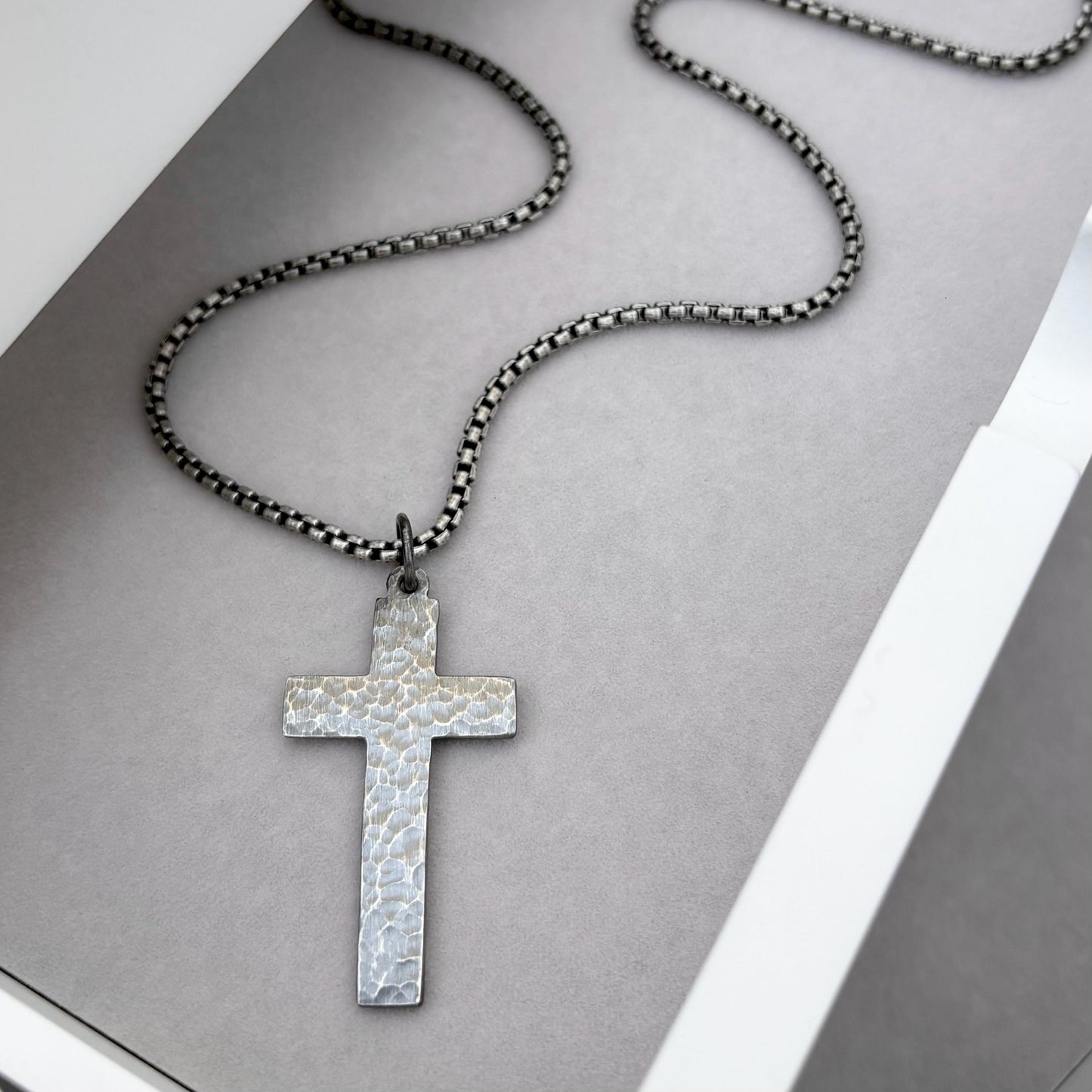 Sample sale - Oxidised solid sterling silver extra large hammered cross pendant on a box chain