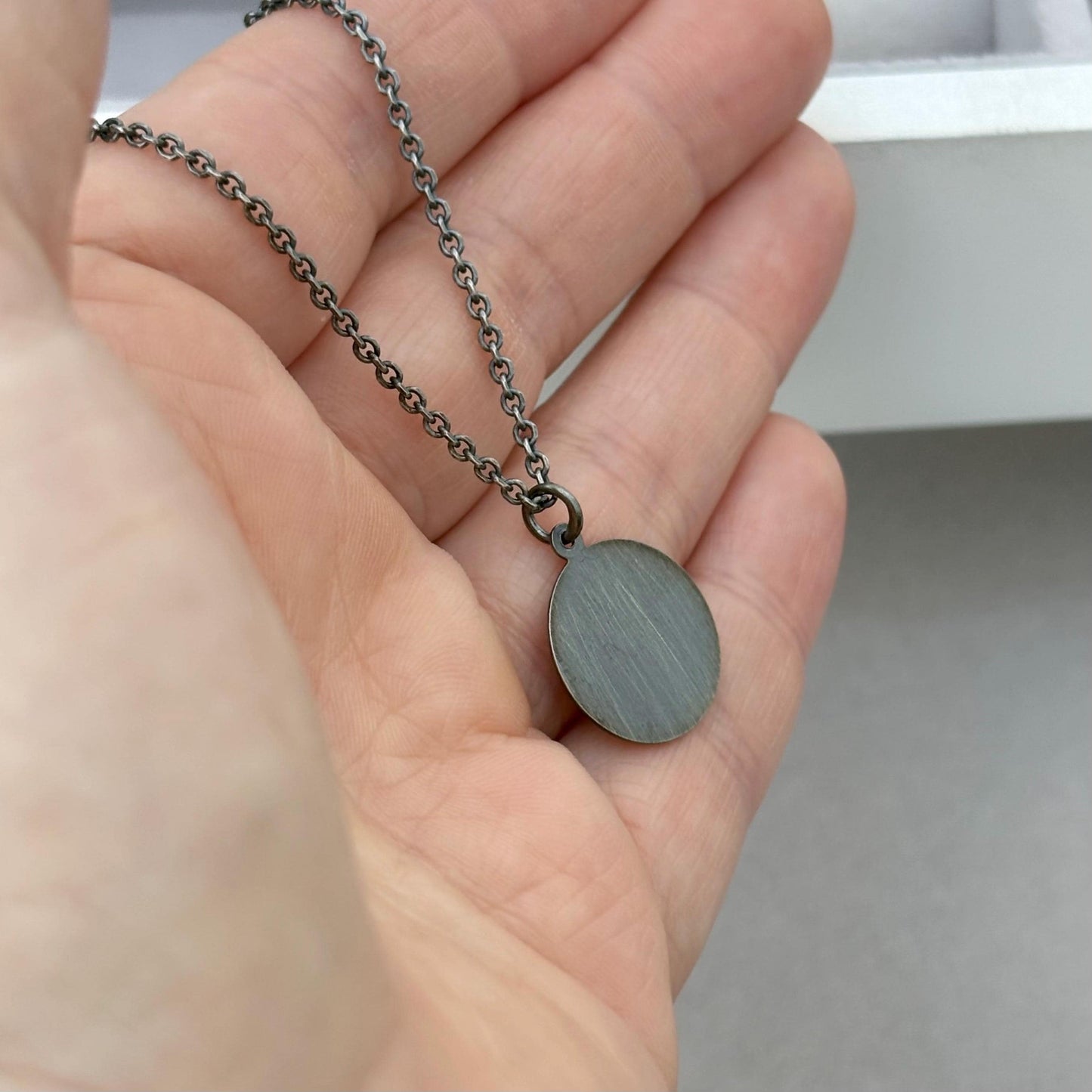Sample sale - Oxidised solid sterling silver round Saint Christopher pendant on a diamond cut trace chain