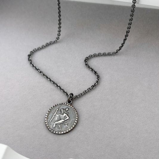 Sample sale - Oxidised solid sterling silver round Saint Christopher pendant on a diamond cut trace chain
