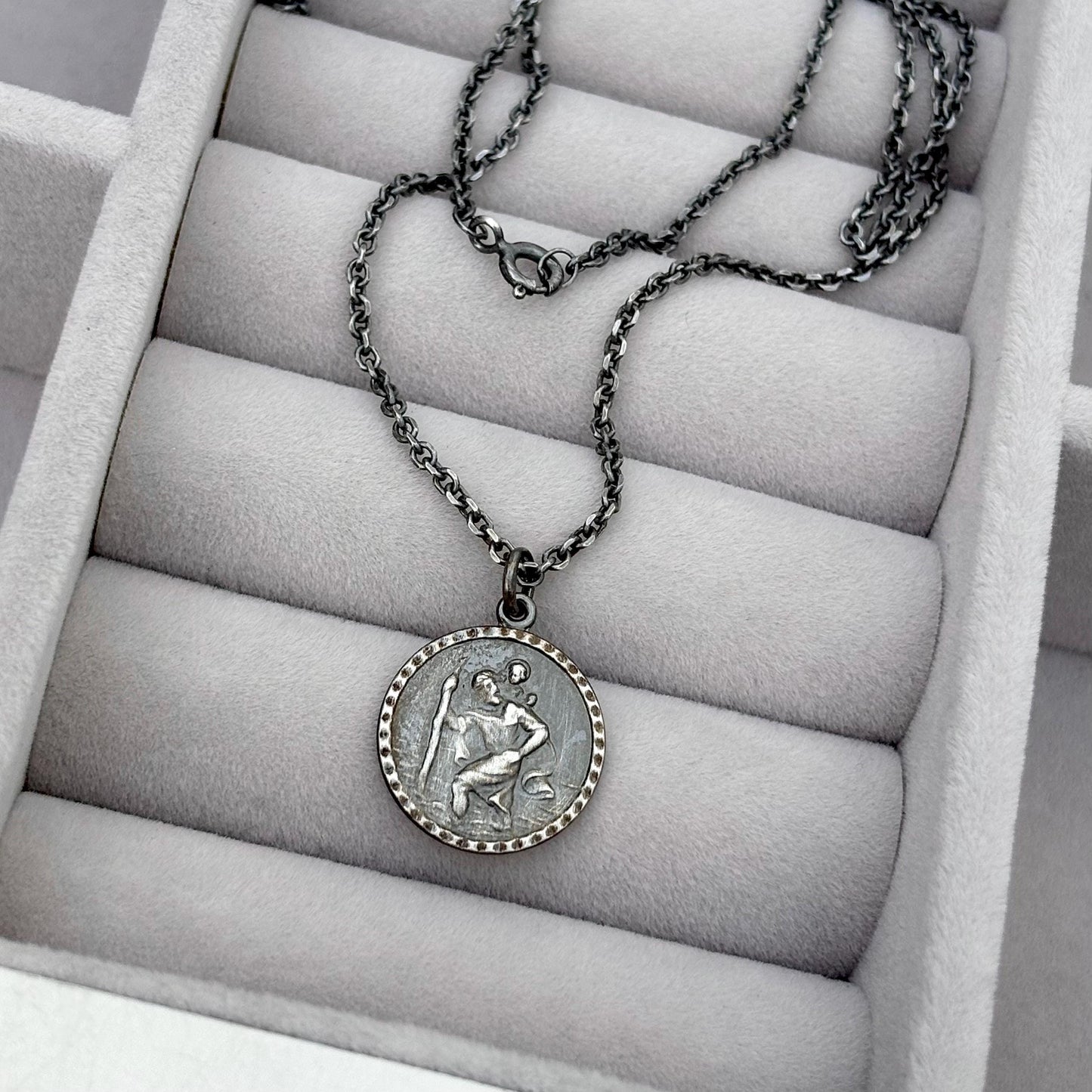 Sample sale - Oxidised solid sterling silver round Saint Christopher pendant on a diamond cut trace chain