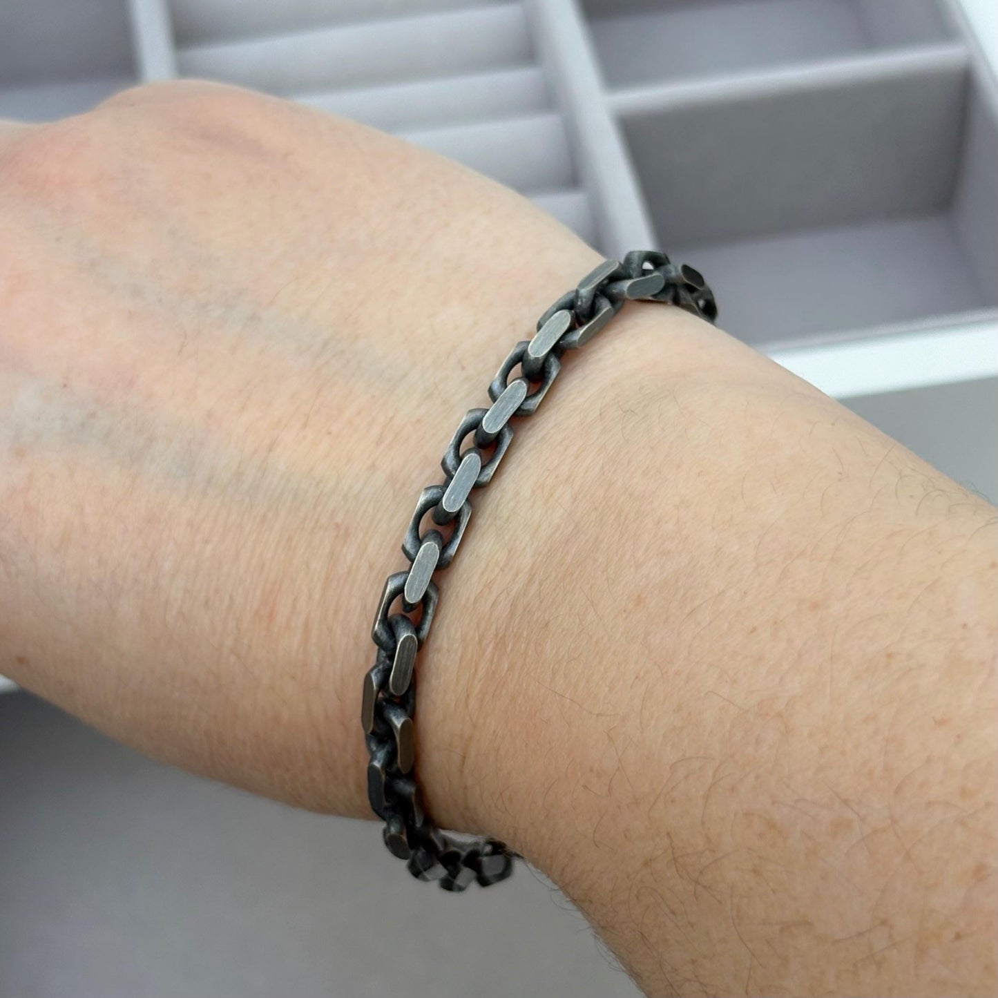 Sample sale - Oxidised solid sterling silver 5.1mm wide filed cable chain bracelet