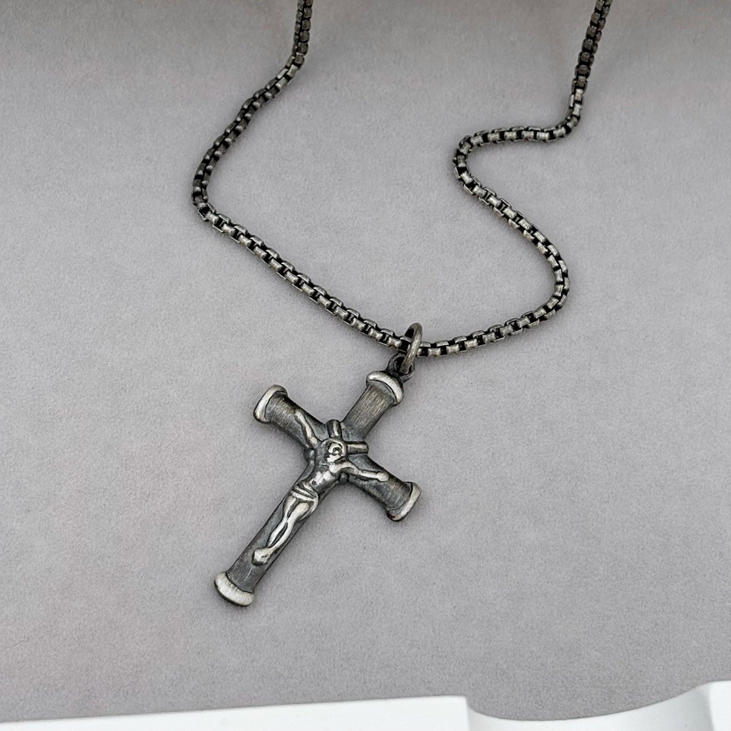 Sample sale - Oxidised solid sterling silver crucifix pendant on a box chain
