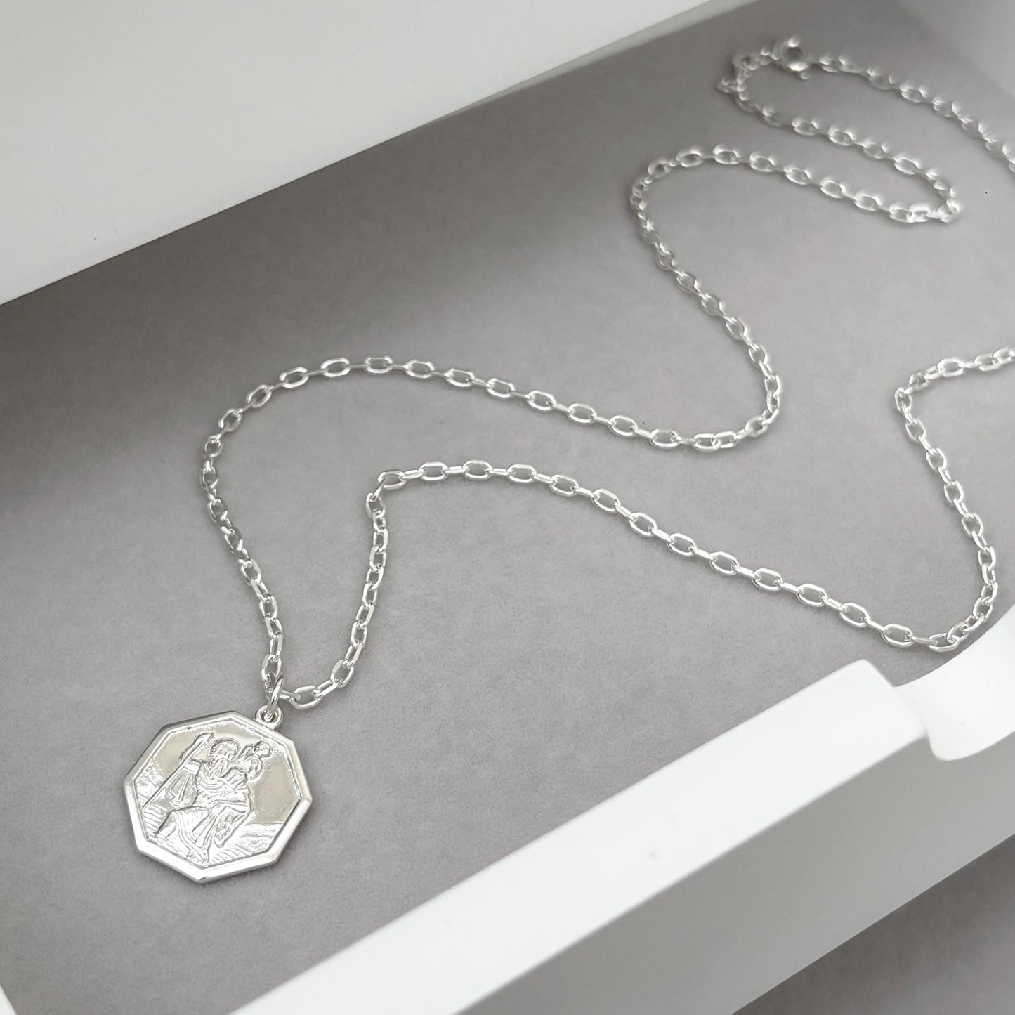 Sample sale - Solid sterling silver hexagon Saint Christopher pendant on a diamond cut trace chain