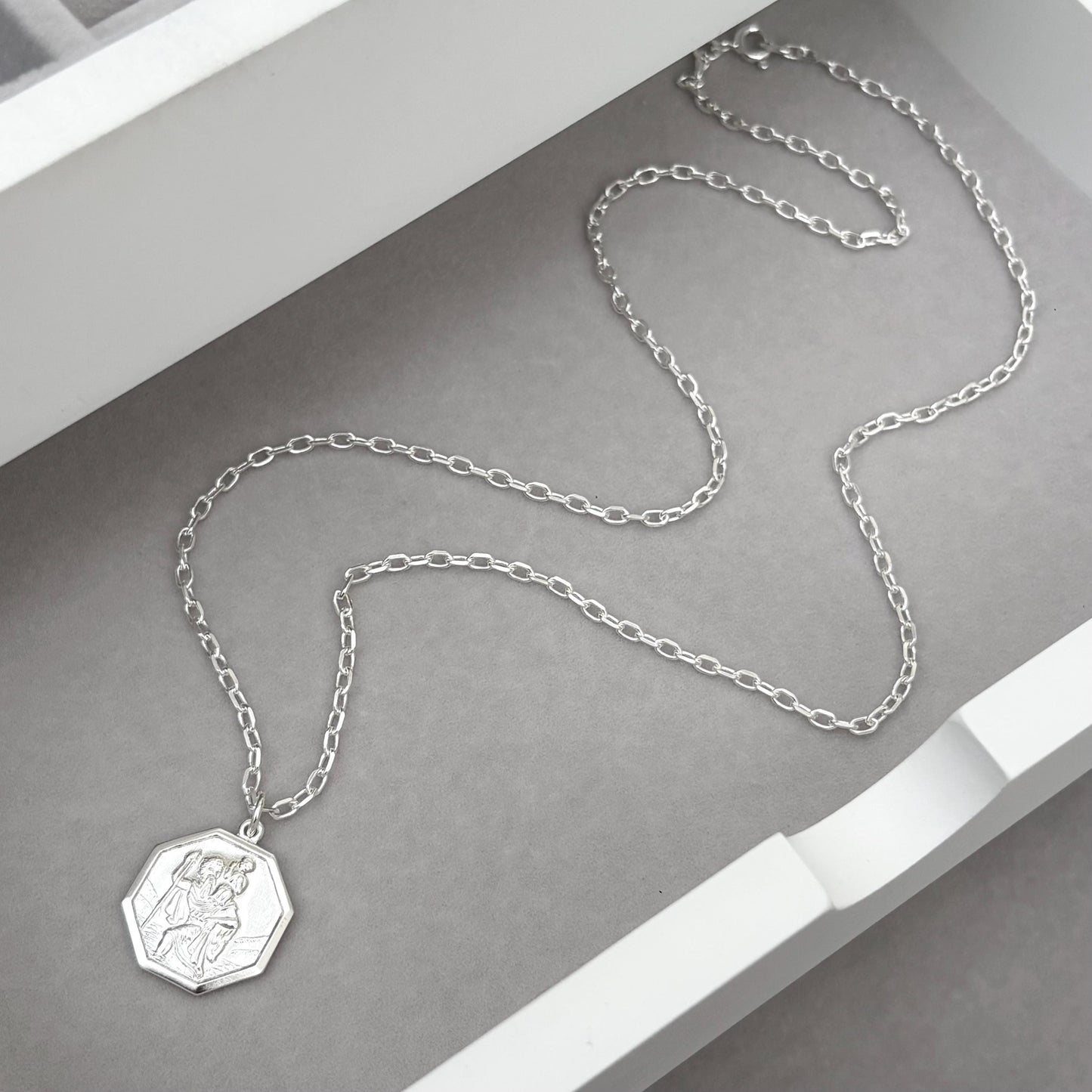 Sample sale - Solid sterling silver hexagon Saint Christopher pendant on a diamond cut trace chain