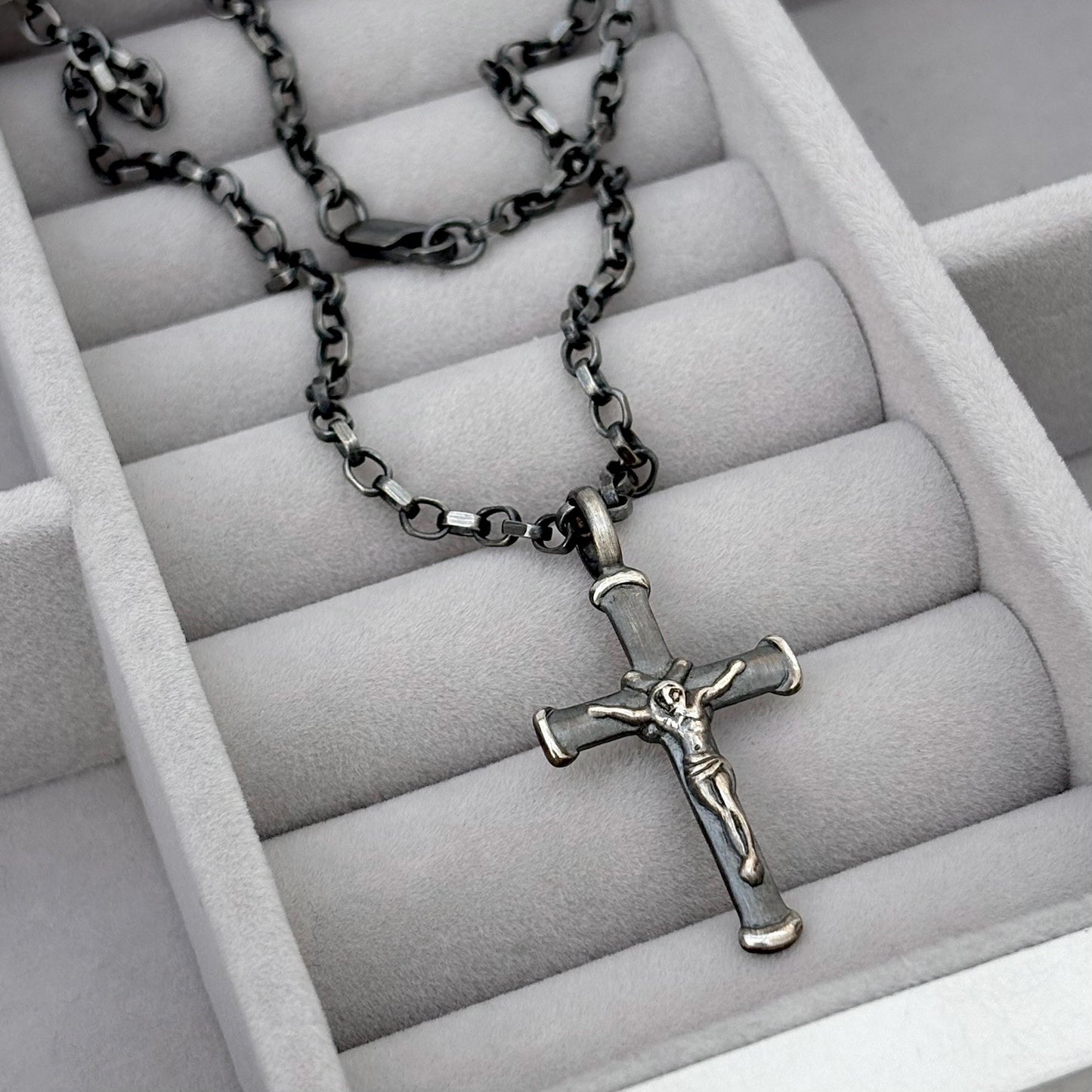 Sample sale - Oxidised solid sterling silver crucifix pendant on a diamond cut belcher chain