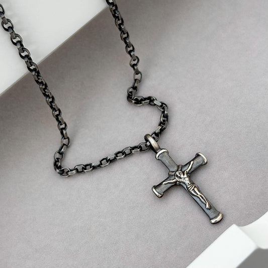 Sample sale - Oxidised solid sterling silver crucifix pendant on a diamond cut belcher chain