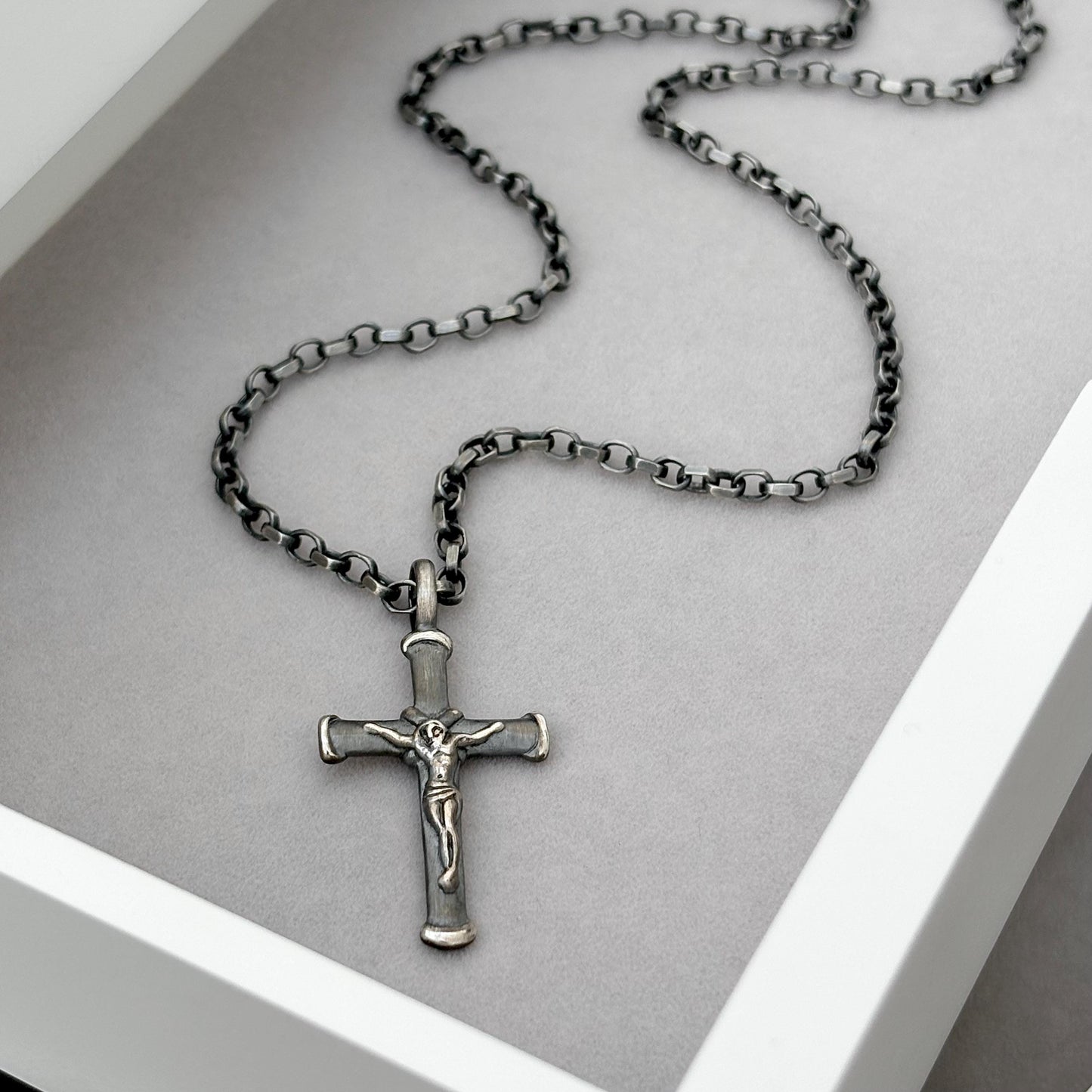 Sample sale - Oxidised solid sterling silver crucifix pendant on a diamond cut belcher chain