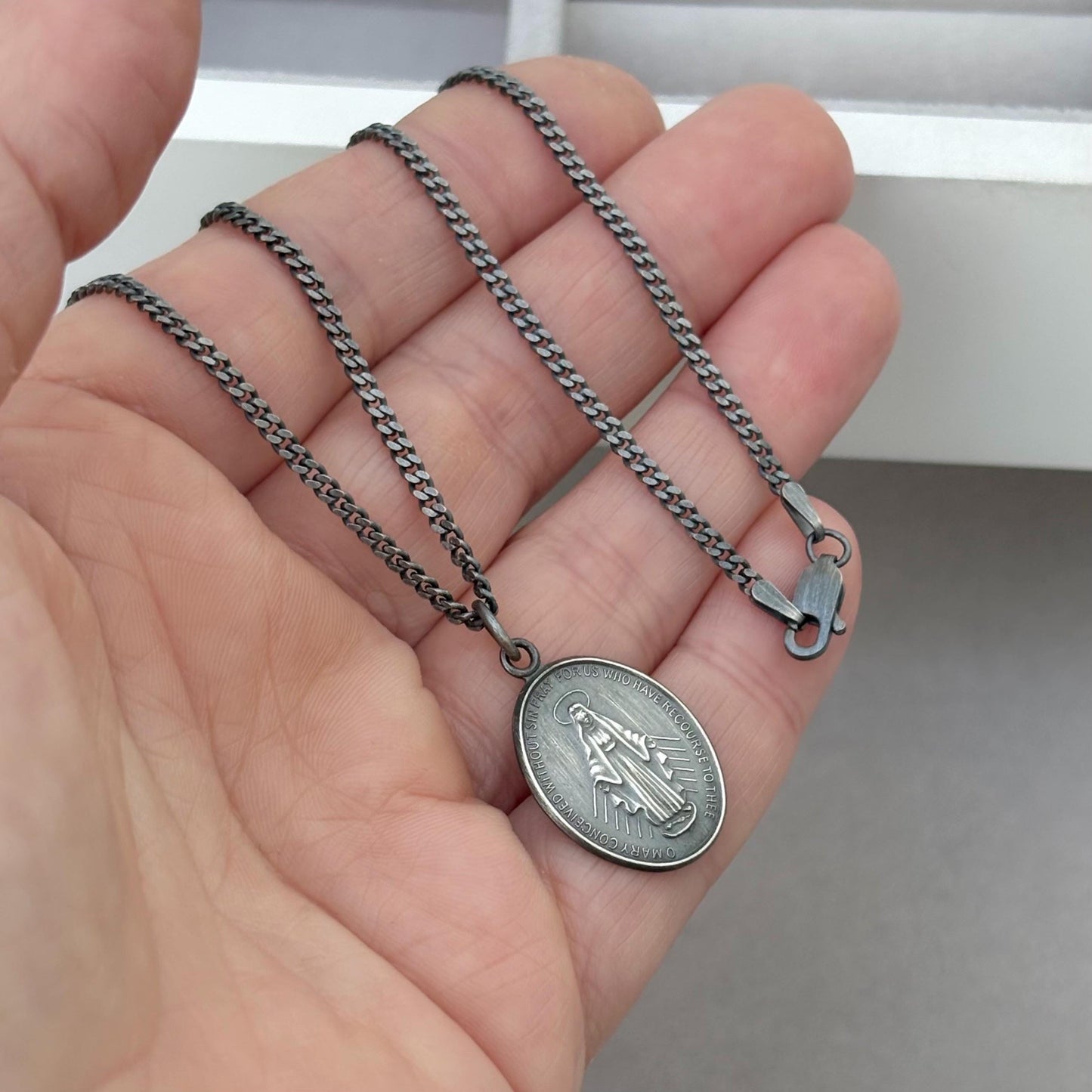 Sample sale - Oxidised solid sterling silver large size oval miraculous medal pendant on a flat curb chain