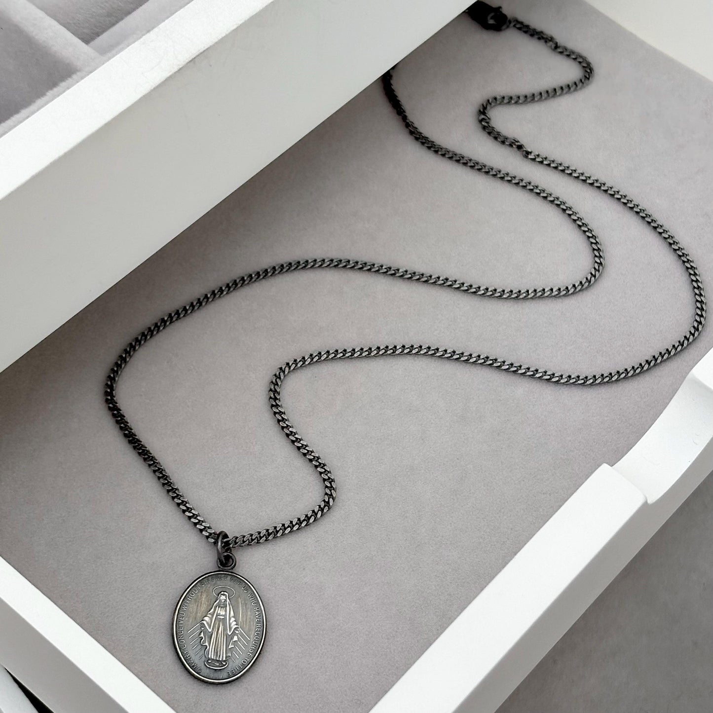 Sample sale - Oxidised solid sterling silver large size oval miraculous medal pendant on a flat curb chain