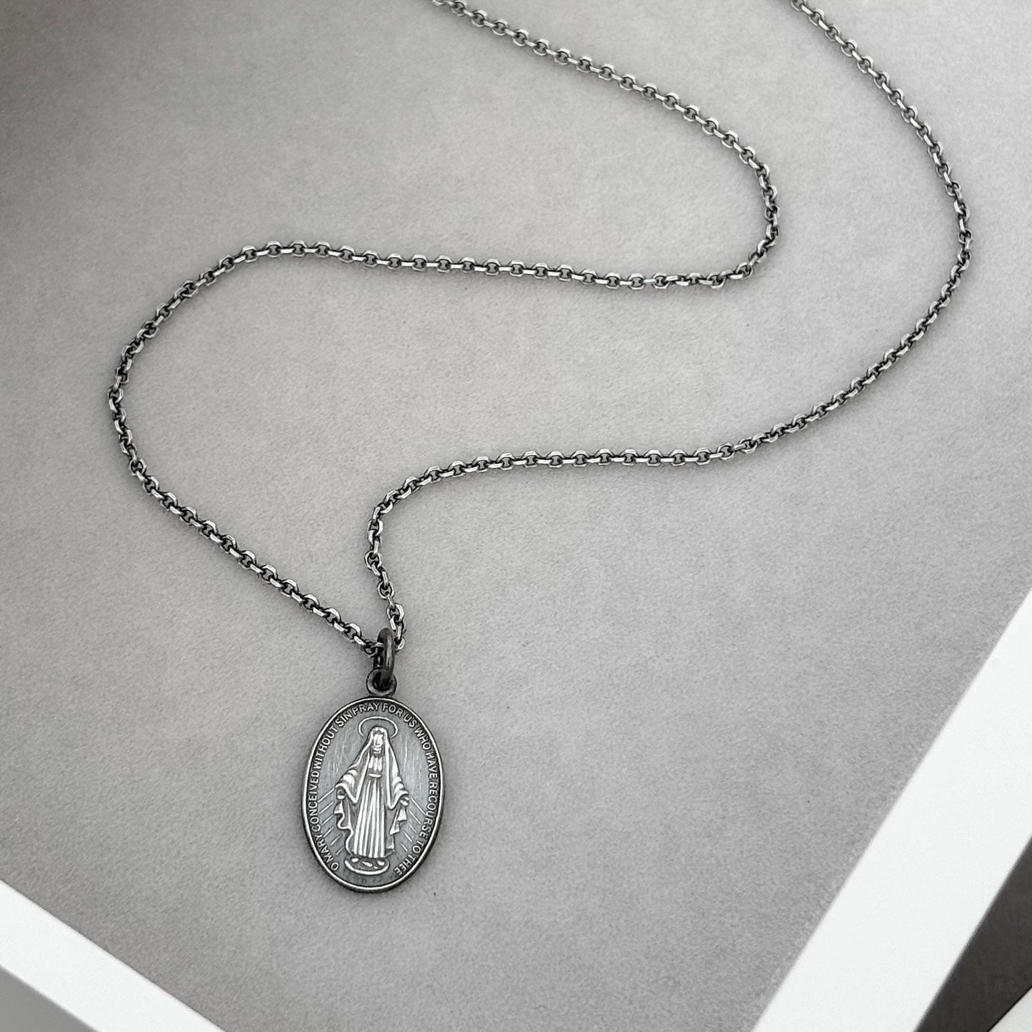 Sample sale - Oxidised solid sterling silver small size oval miraculous medal pendant on a filed trace chain