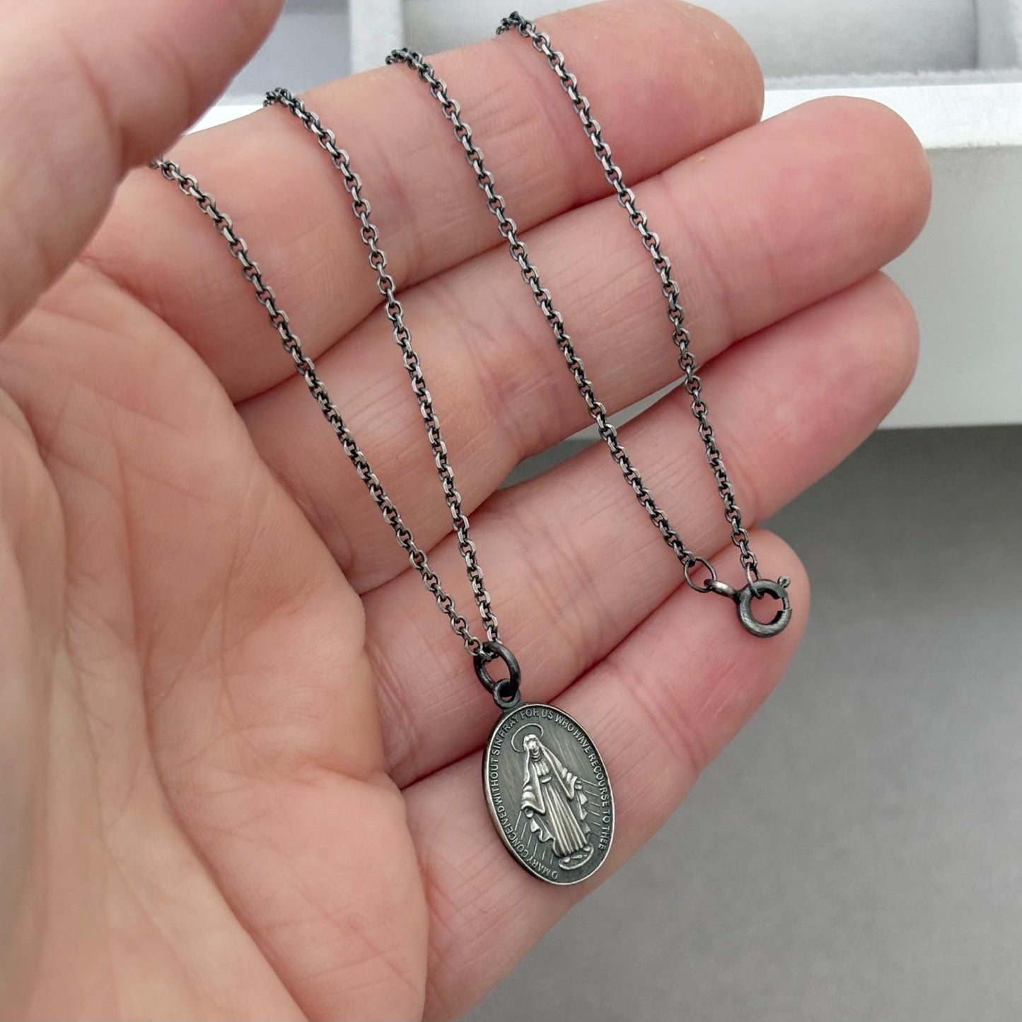 Sample sale - Oxidised solid sterling silver small size oval miraculous medal pendant on a filed trace chain