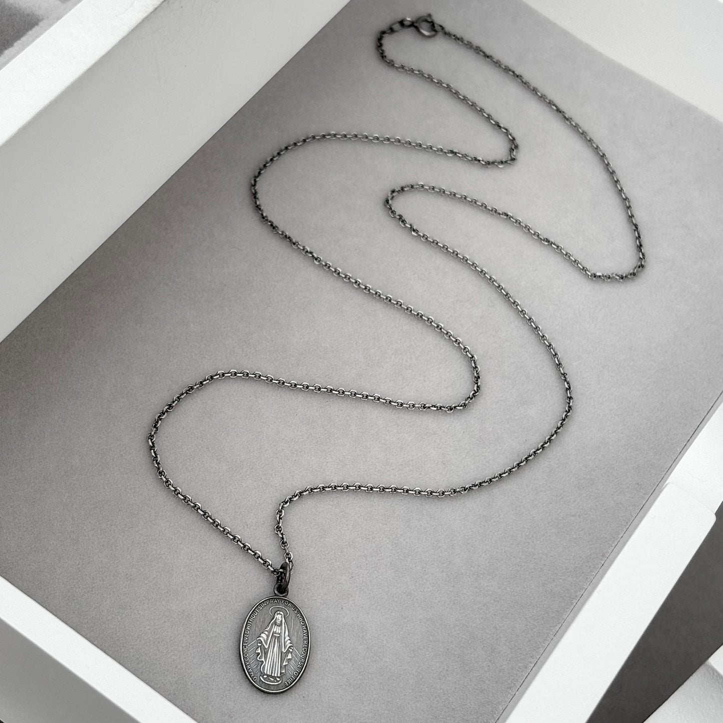 Sample sale - Oxidised solid sterling silver small size oval miraculous medal pendant on a filed trace chain