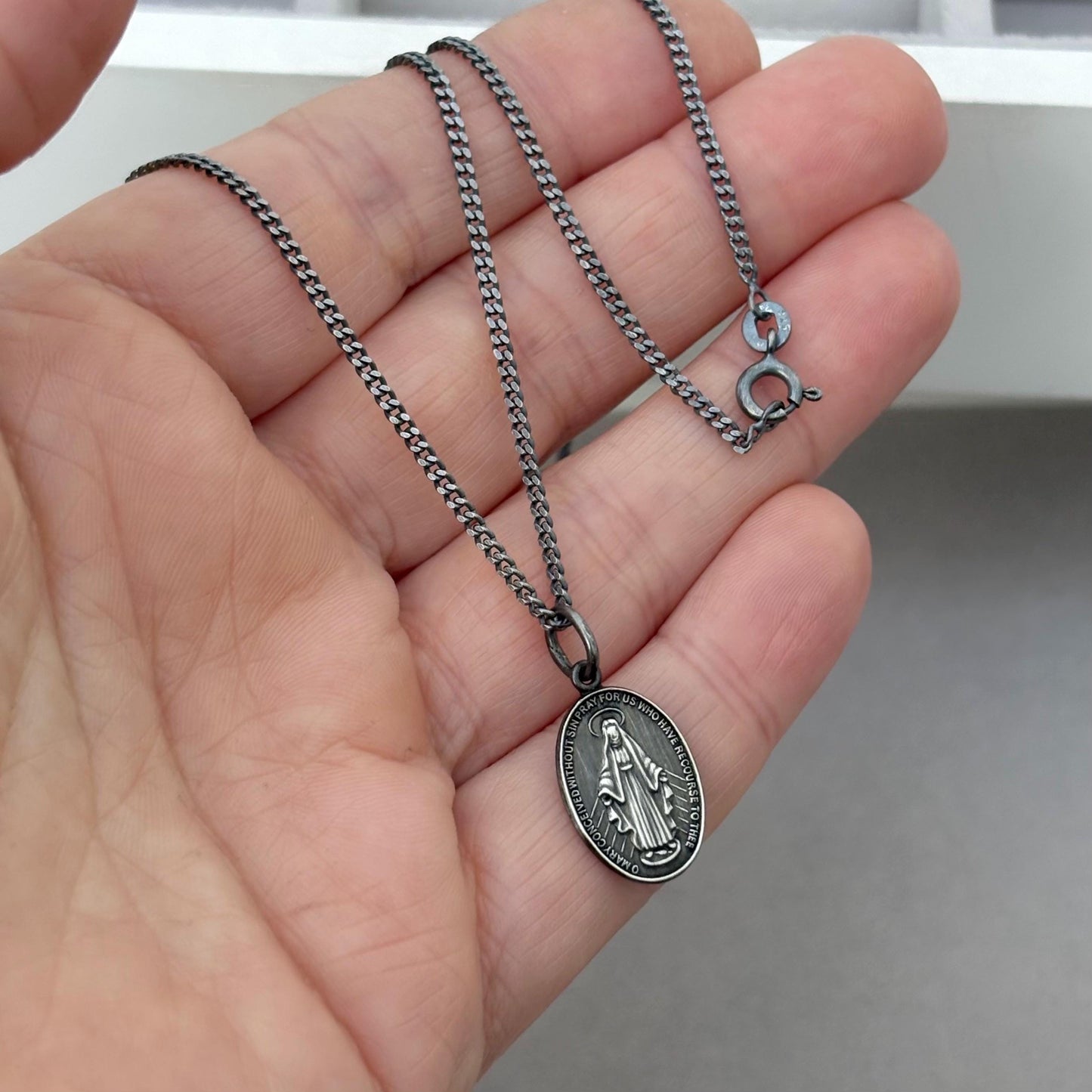 Sample sale - Oxidised solid sterling silver small size oval miraculous medal pendant on a flat curb chain