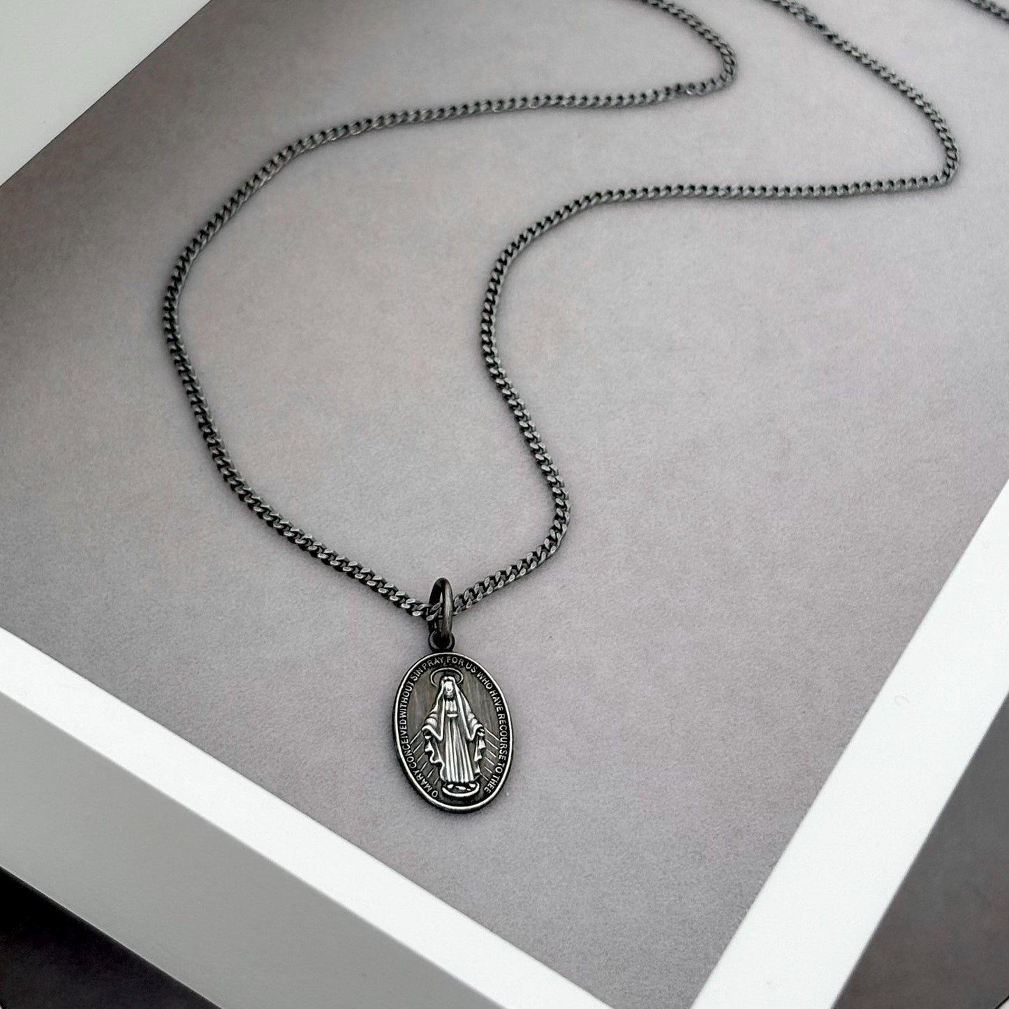 Sample sale - Oxidised solid sterling silver small size oval miraculous medal pendant on a flat curb chain
