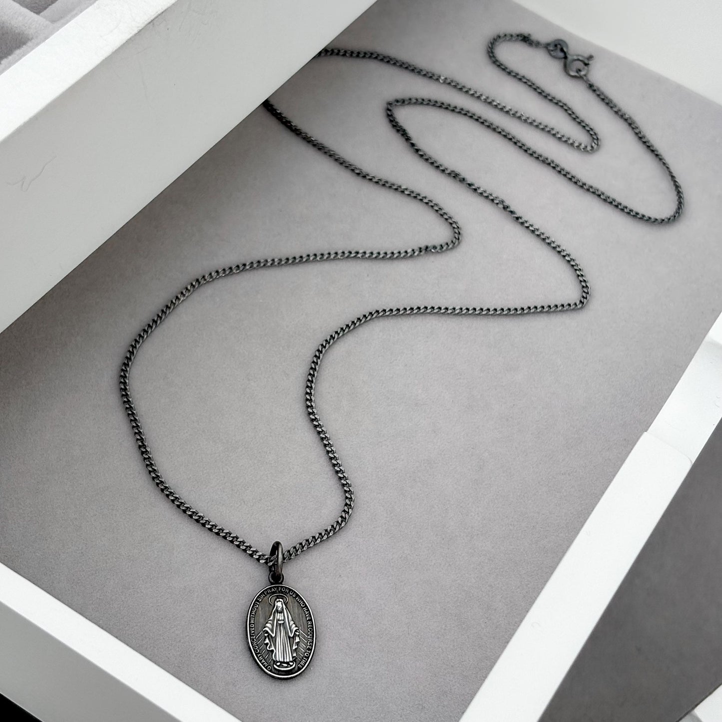 Sample sale - Oxidised solid sterling silver small size oval miraculous medal pendant on a flat curb chain