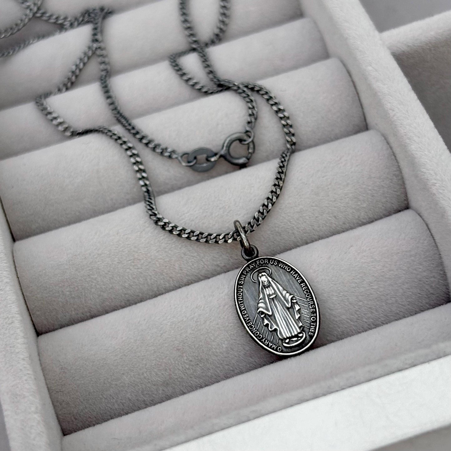 Sample sale - Oxidised solid sterling silver small size oval miraculous medal pendant on a flat curb chain