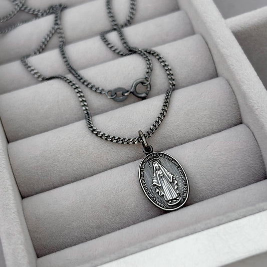 Sample sale - Oxidised solid sterling silver small size oval miraculous medal pendant on a flat curb chain