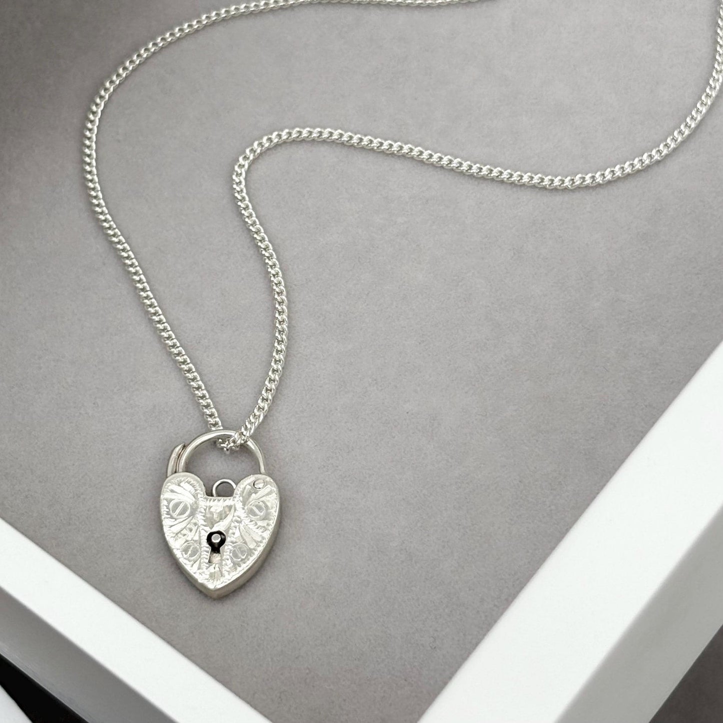 Sample sale - Sterling silver engraved heart padlock pendant on a curb chain
