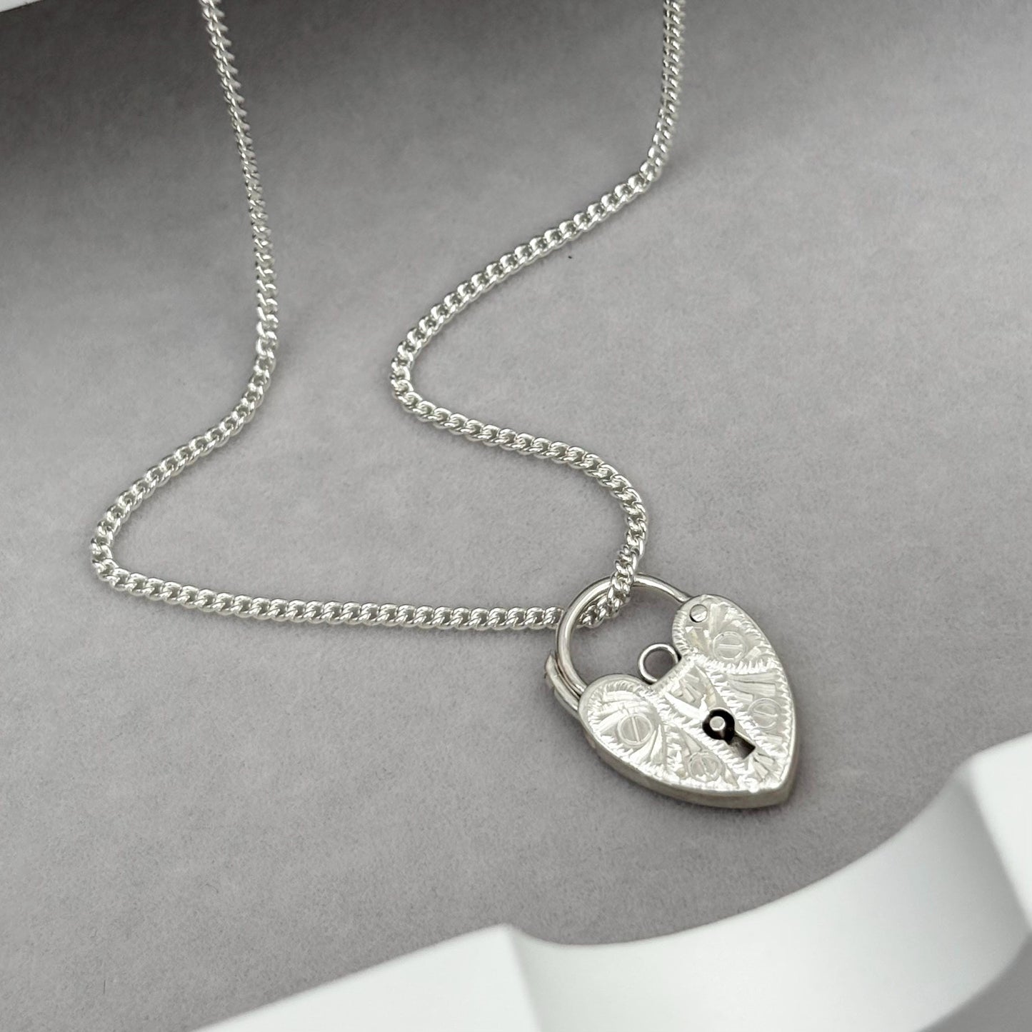 Sample sale - Sterling silver engraved heart padlock pendant on a curb chain