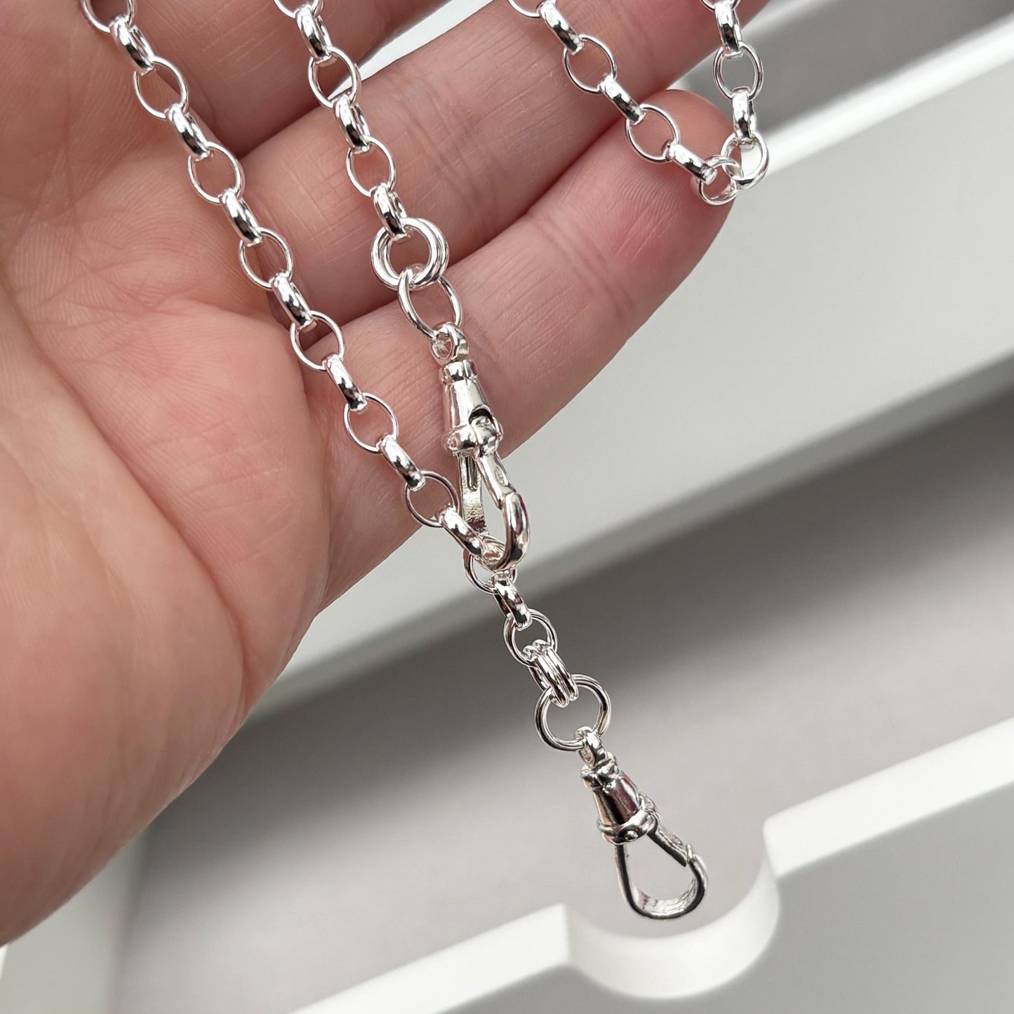 New listing - Oxidised or polished solid sterling silver 4.3mm wide oval belcher Albert swivel clasps chain necklace