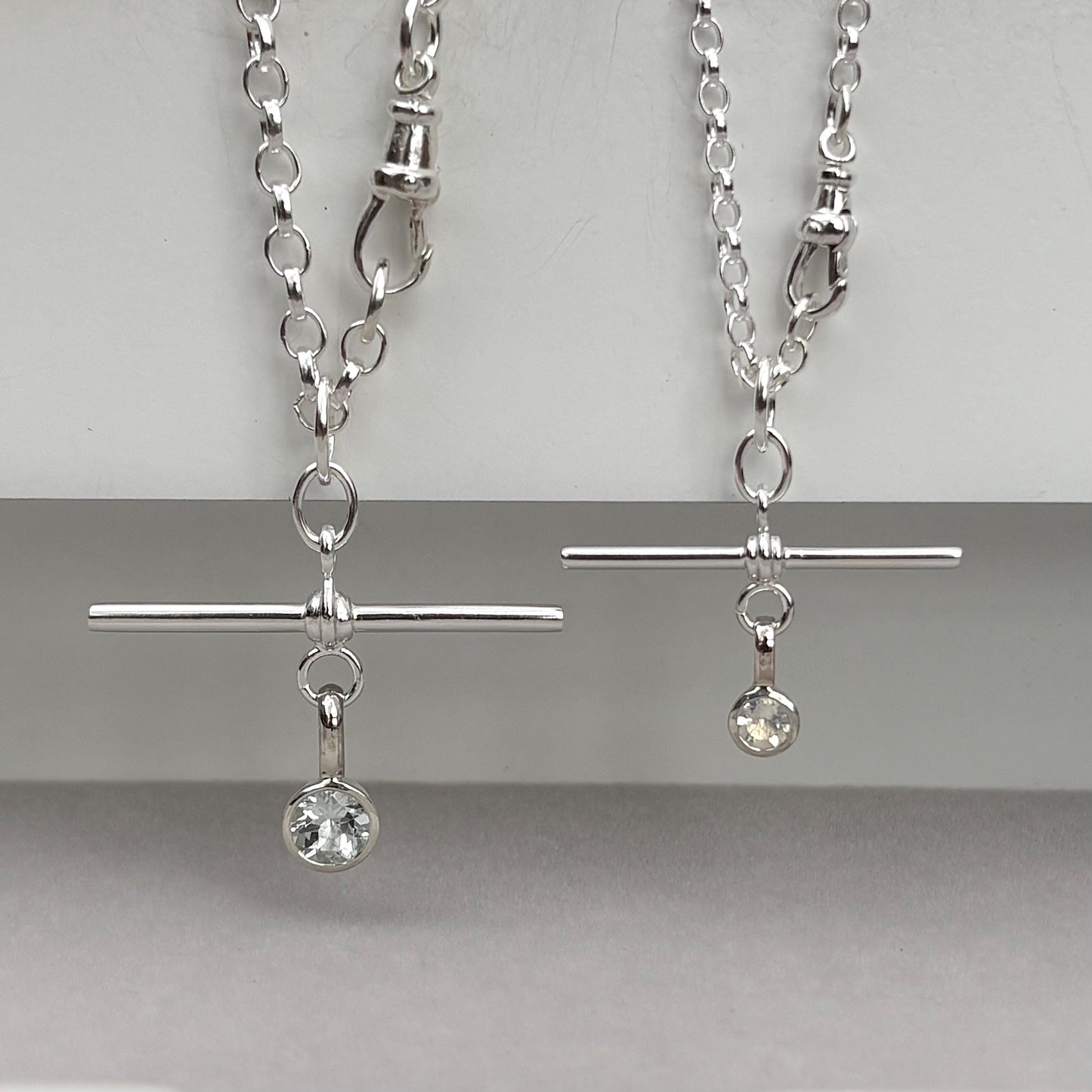 New listing - Aquamarine or moonstone solid sterling silver T Bar design pendant on a single Albert swivel clasp chain necklace