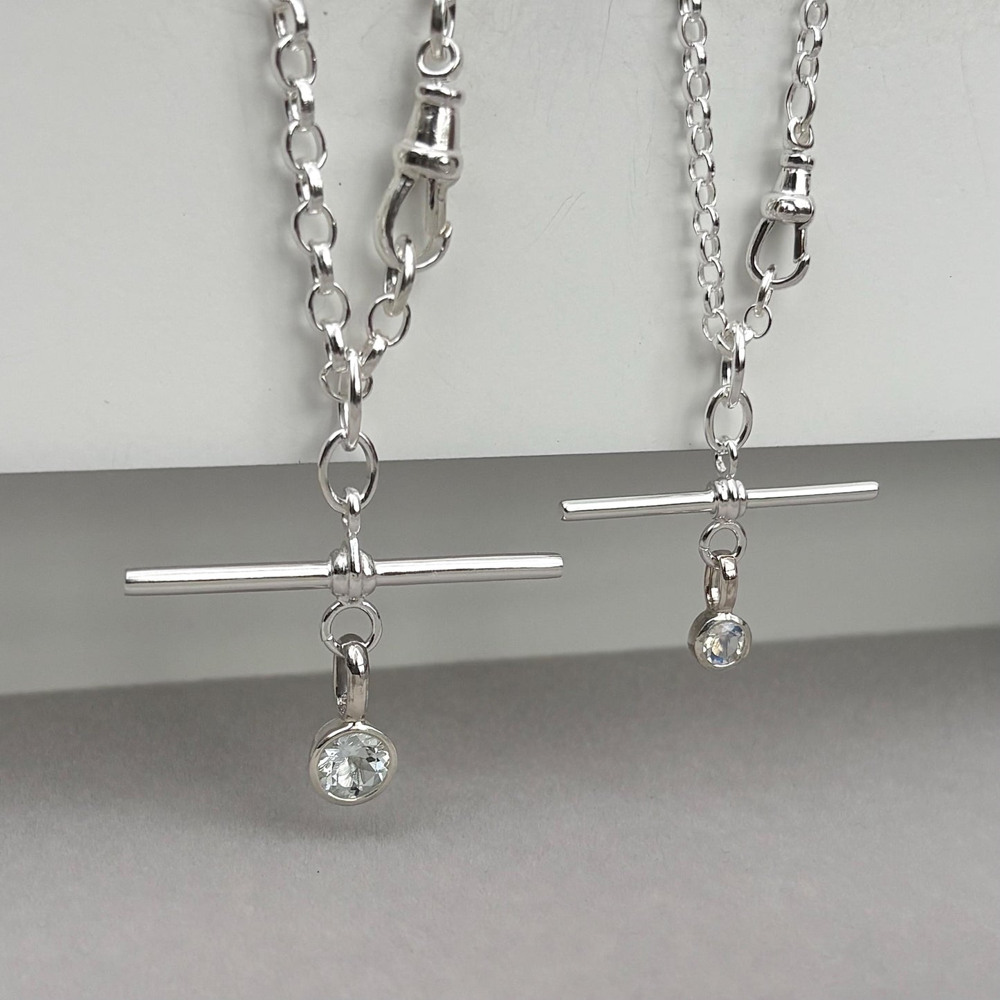 New listing - Aquamarine or moonstone solid sterling silver T Bar design pendant on a single Albert swivel clasp chain necklace