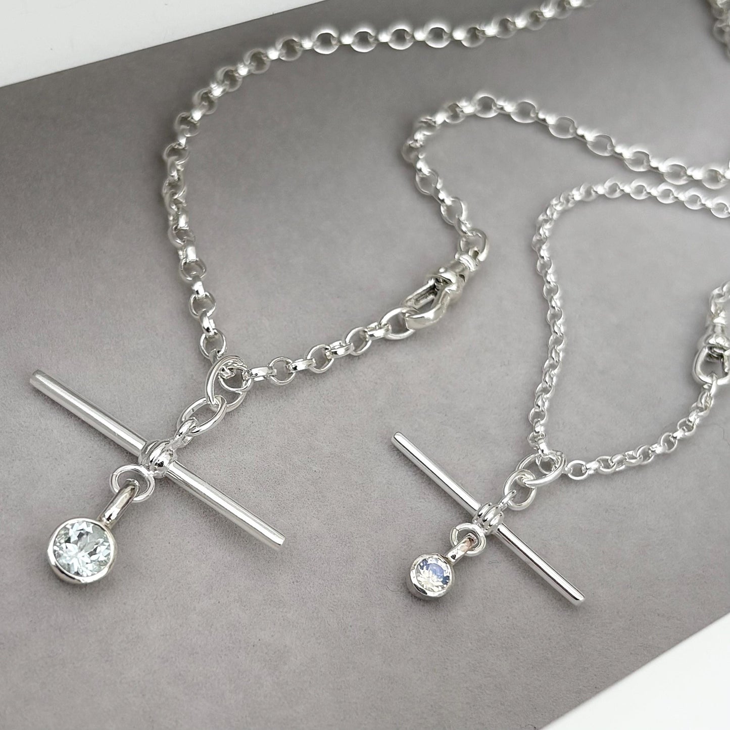 New listing - Aquamarine or moonstone solid sterling silver T Bar design pendant on a single Albert swivel clasp chain necklace