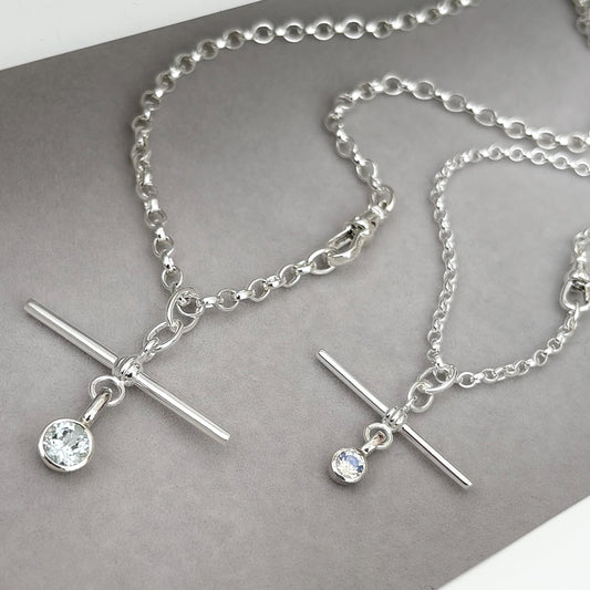 New listing - Aquamarine or moonstone solid sterling silver T Bar design pendant on a single Albert swivel clasp chain necklace