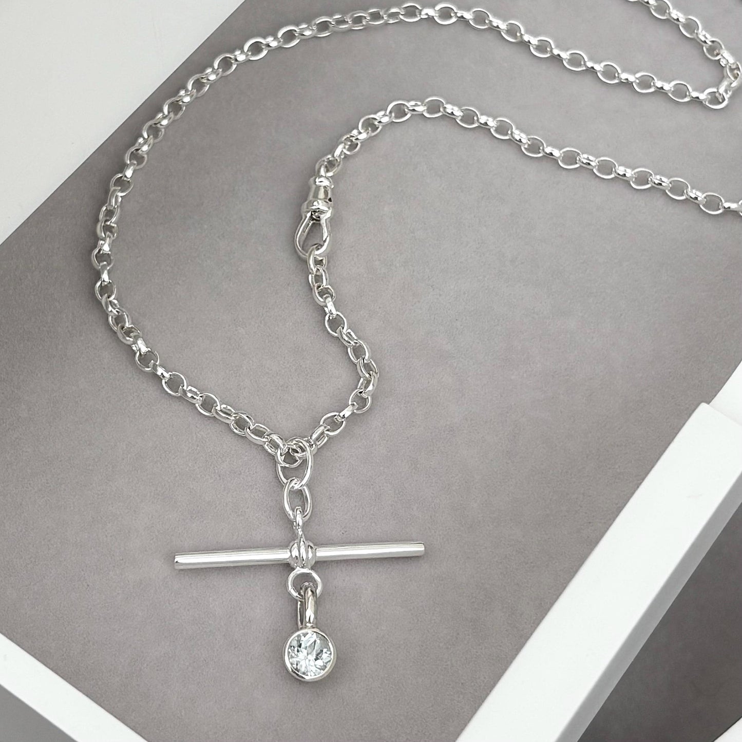 New listing - Aquamarine solid sterling silver T Bar design pendant on a single Albert swivel clasp chain necklace