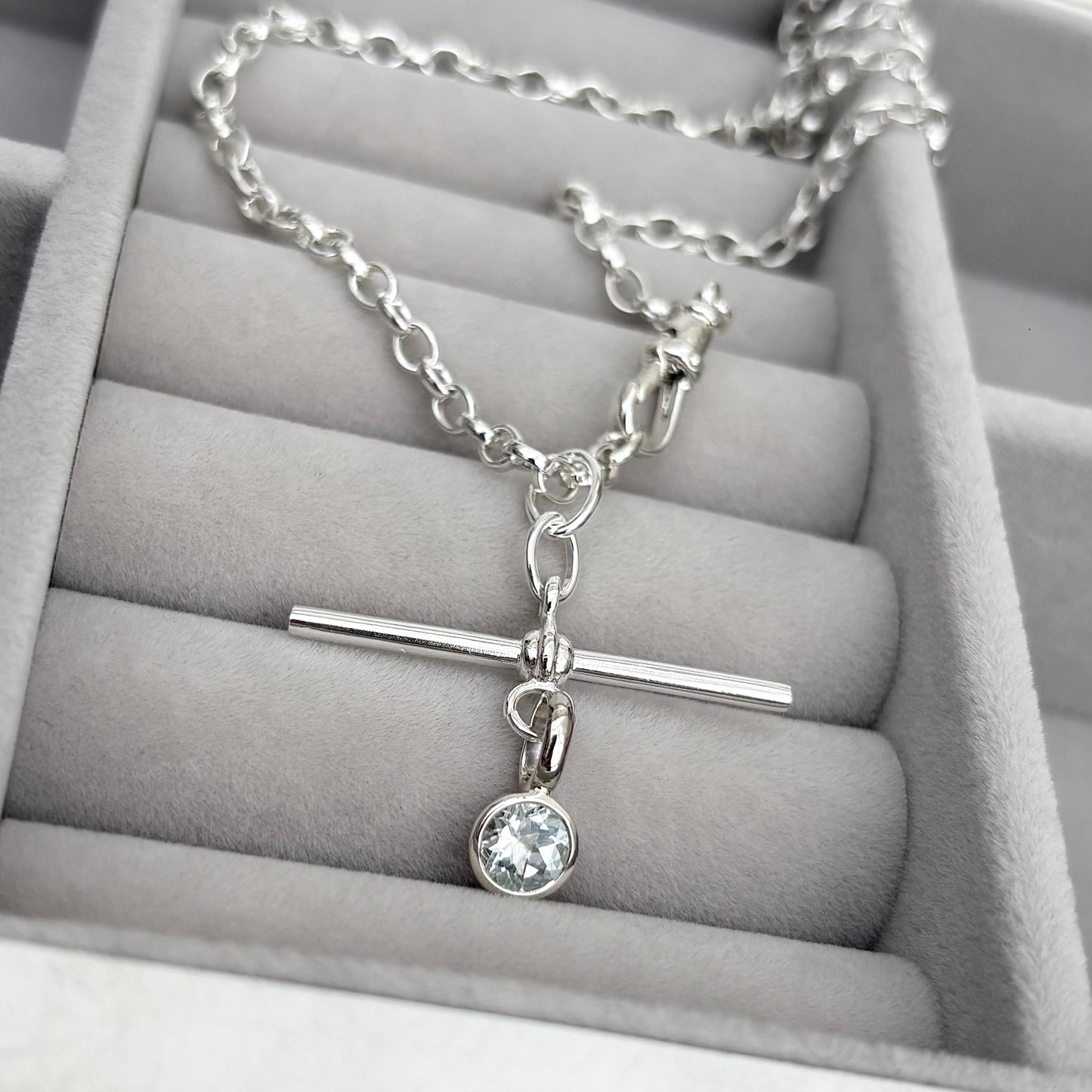 New listing - Aquamarine solid sterling silver T Bar design pendant on a single Albert swivel clasp chain necklace