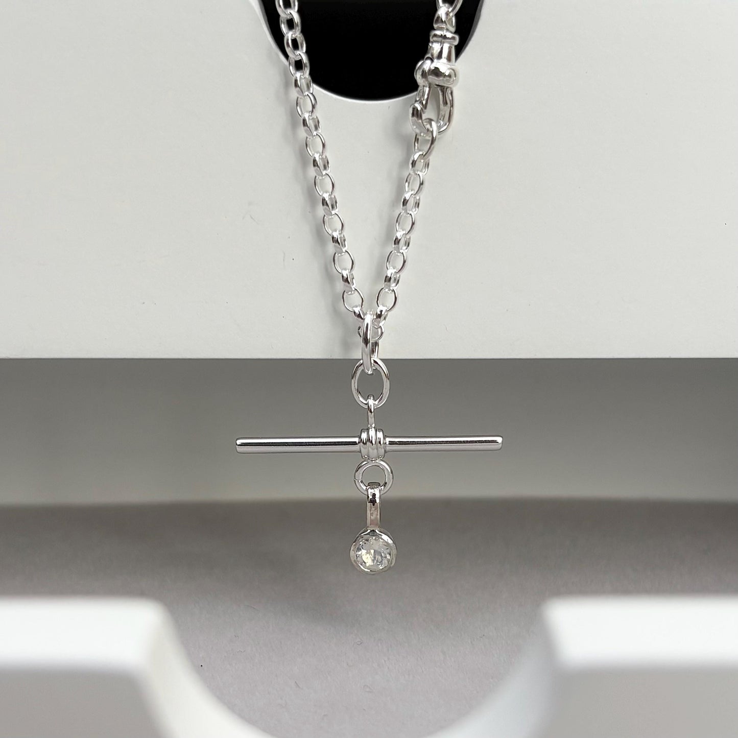 New listing - Moonstone solid sterling silver T Bar design pendant on a single Albert swivel clasp chain necklace